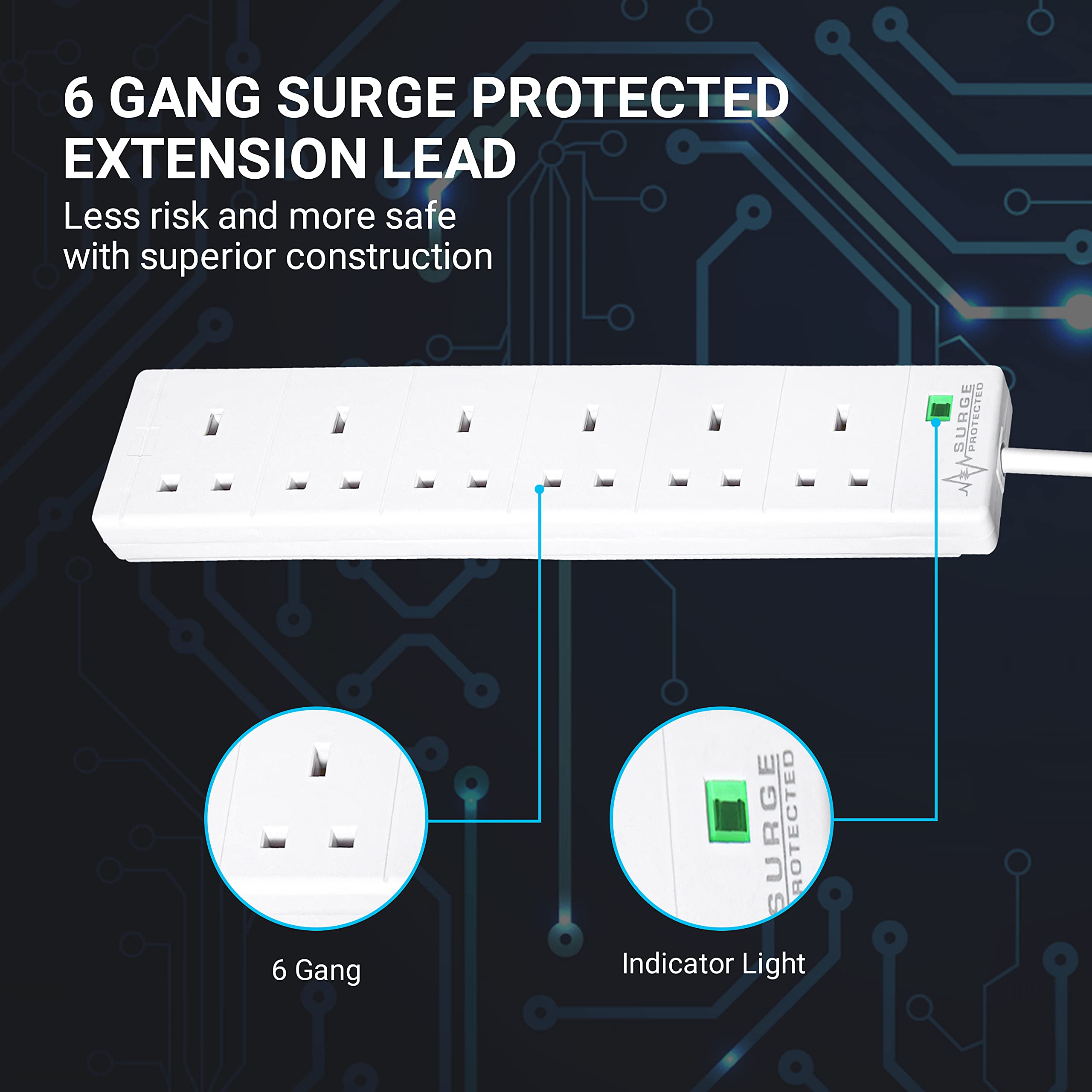 6 Gang Surge Protected Extension Lead 5m Plug Extension Power Strip | 6 Plug Socket Power Extension Cord 5 Meter | 6 Way Mains Electric Power Surge Protection Cable Multi Plug UK