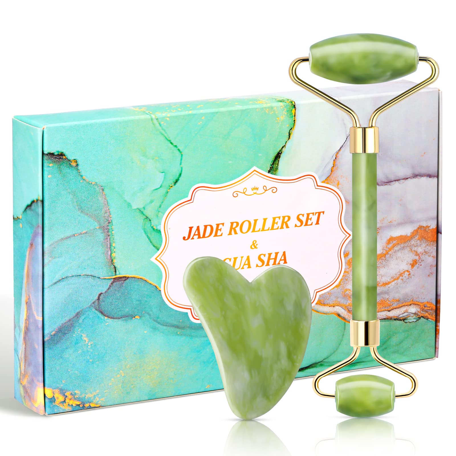 Jade Roller - Face Roller, Natural Gua Sha Massage Set for Eye Puffiness Treatment, Skin Tightening, Rejuvenates Face Skin and Diminishes Double Chin & Wrinkle, Green
