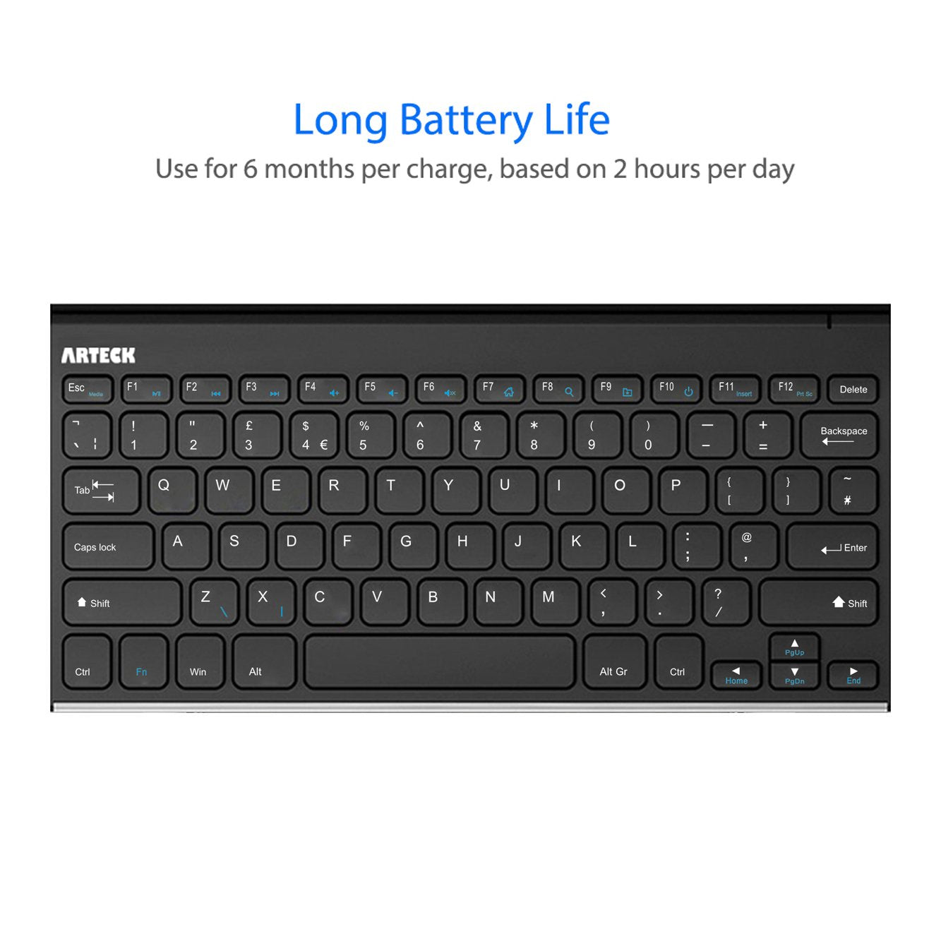 Arteck 2.4G Wireless Keyboard Stainless Steel Ultra Slim Full Size Keyboard for Computer/Desktop/PC/Laptop/Surface/Smart TV and Windows 10/8 / 7 Built in Rechargeable 6-Month Battery