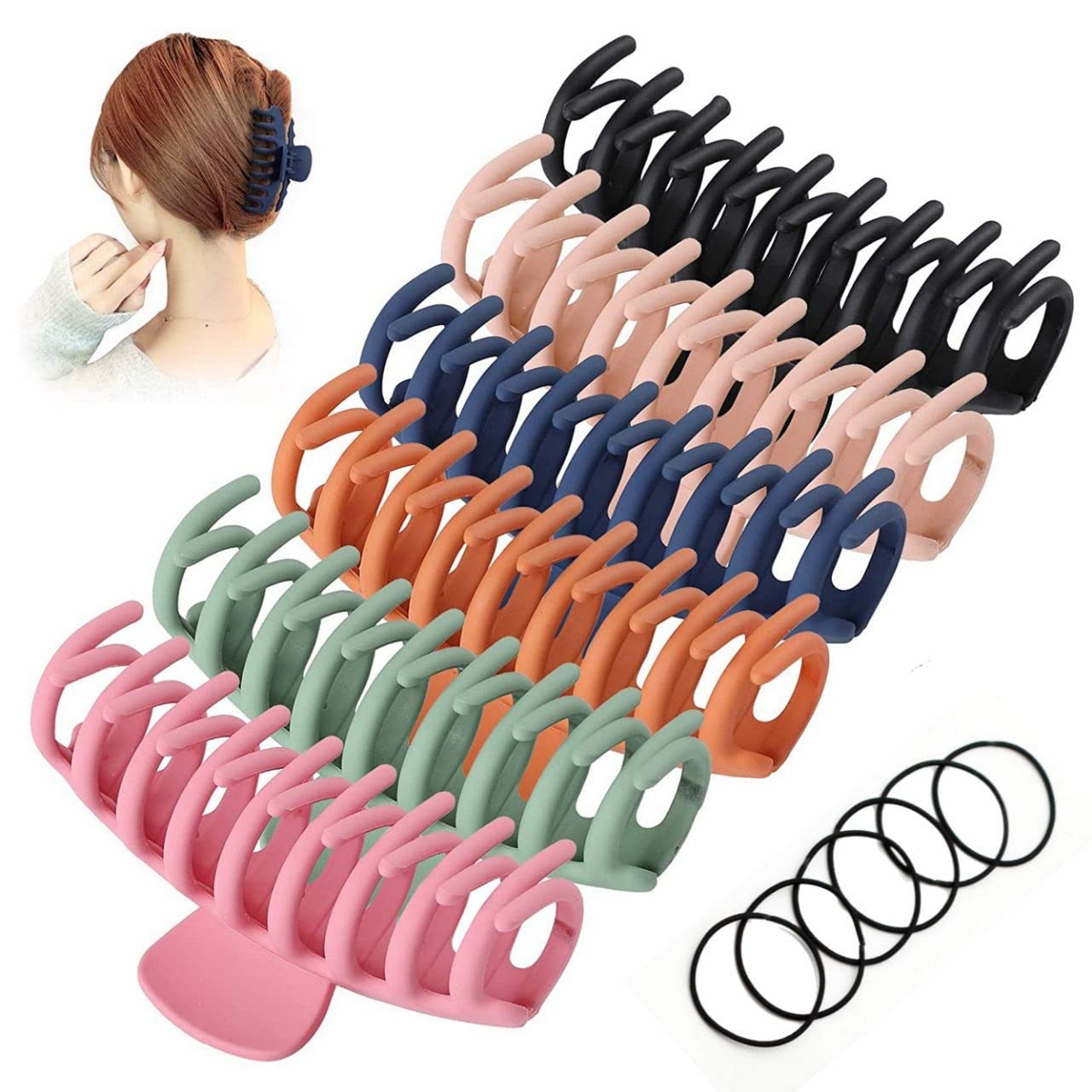 Claw Clips Pack of 6 with 6 Elastic Hair Bobbles, Hair Accessories for Women and Girls, Matte Coated Hair Claws 4.7 inch, Hair Claw Clips for Thick Hair