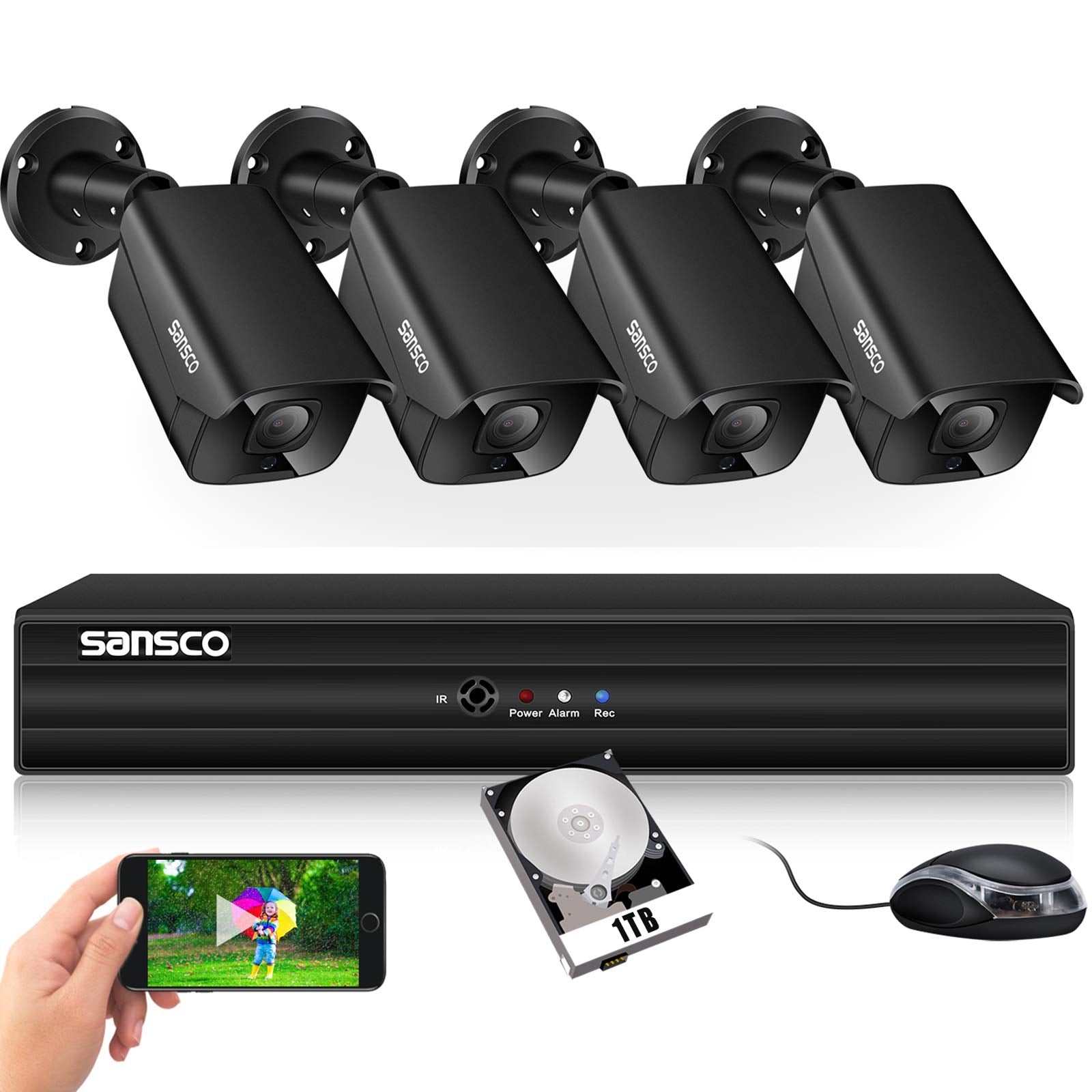 SANSCO 1080p True HD Outdoor CCTV Camera System + 1TB HDD, 5MP DVR with Hard Drive Disk, (4) 2MP Waterproof Home/Office Security Cameras, Motion Detection/Recording, Email & App Alert, All Metal Housing Vandalism