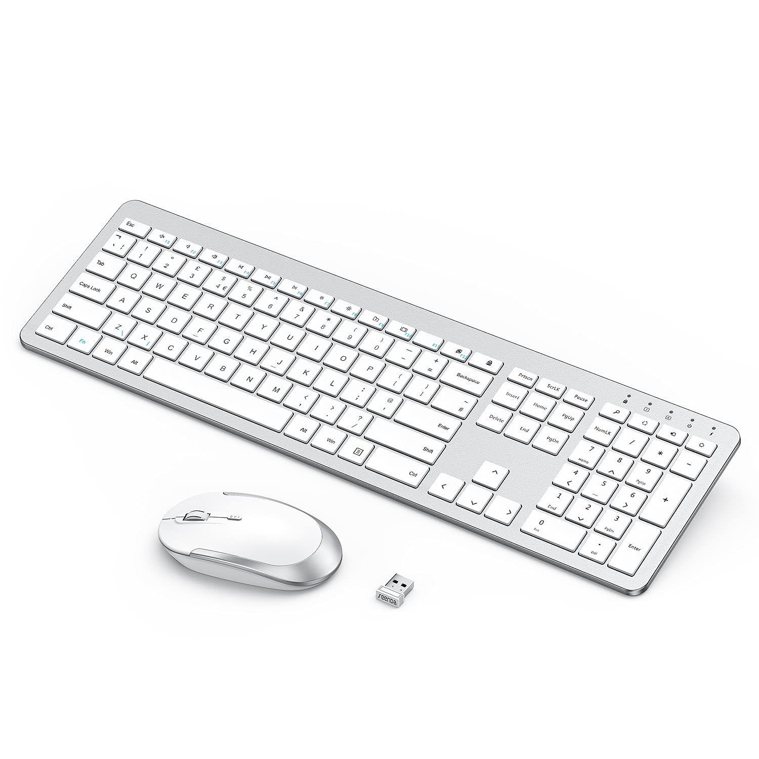 Wireless Keyboard and Mouse Set, Seenda Rechargeable Full Size Thin Wireless Keyboard and Mouse, Computer keyboard mouse combos for Laptop/PC/Smart TV, Silver & White
