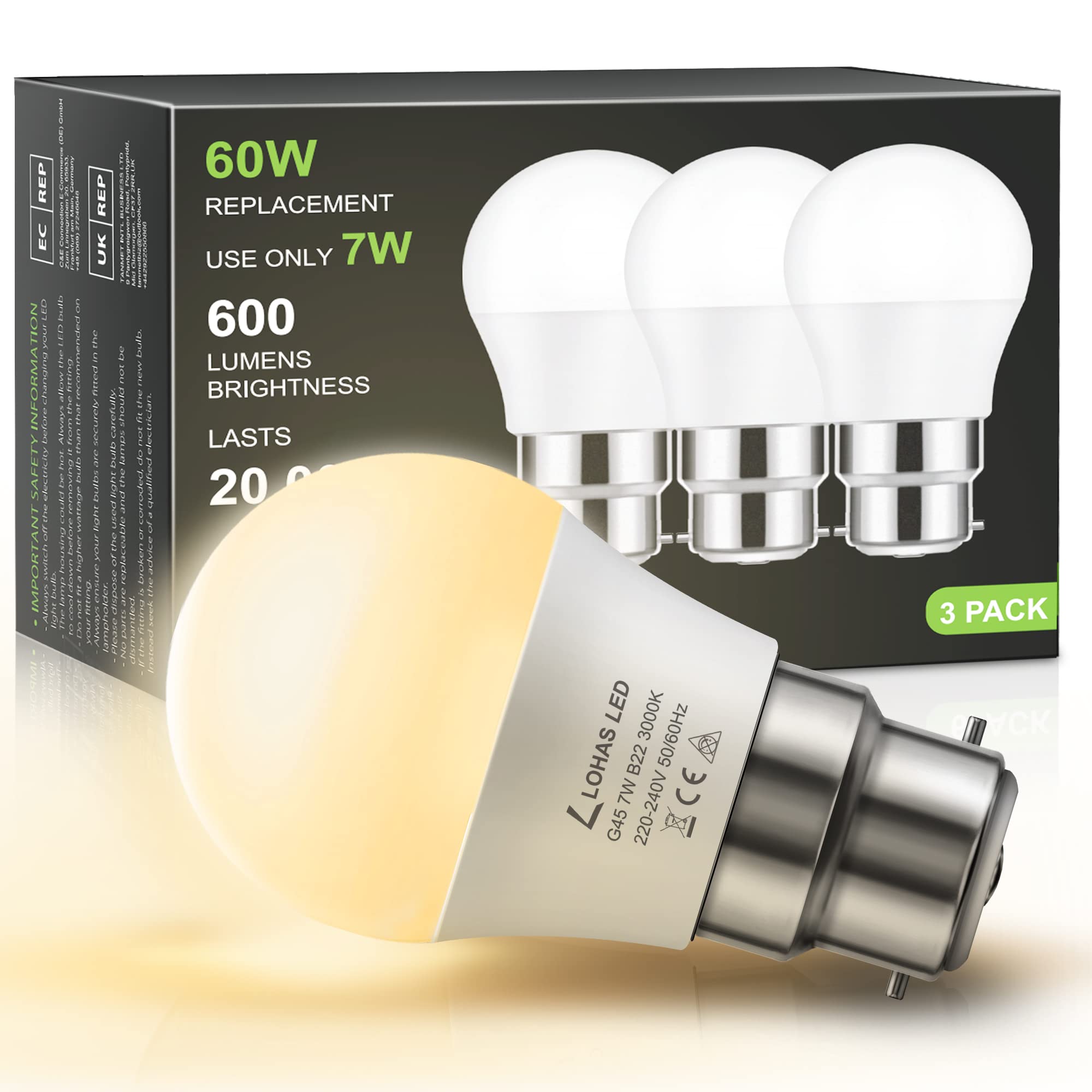 LOHAS B22 LED Bayonet Light Bulbs, 7W G45 Golf Ball Bulb, Warm White 3000K LED Bulbs, 60W Incandescent Equivalent, 600LM, Non-Dimmable, Energy Saving Light Bulbs, 220-240V, Pack of 3