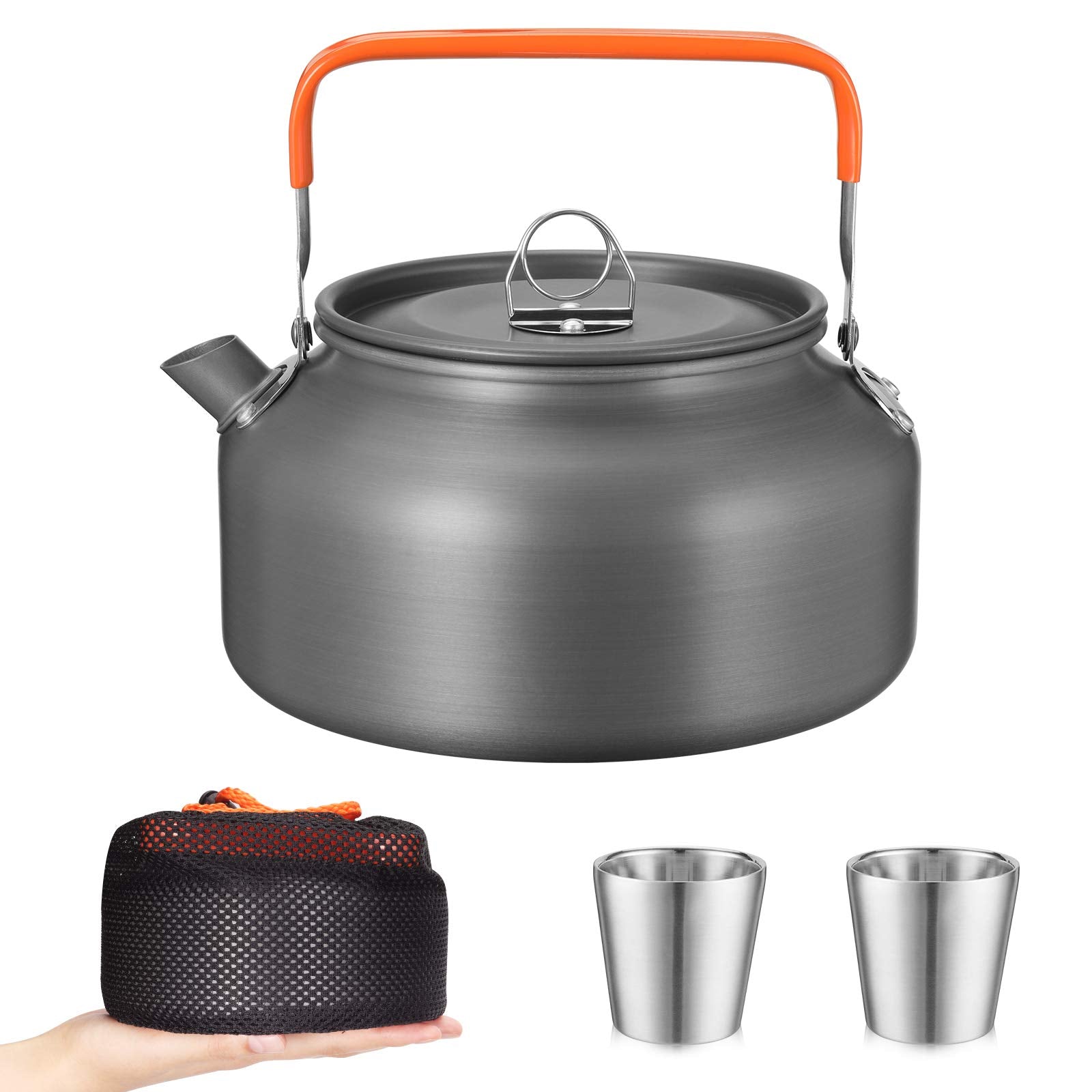 Awroutdoor 0.8L/1.2L Camping Kettle with Stainless Steel Cup, Ultralight Outdoor Portable Cookware Set, Aluminum Camping Teapot for Hiking Fishing Mountaineering Picnic, Include Mesh Bag