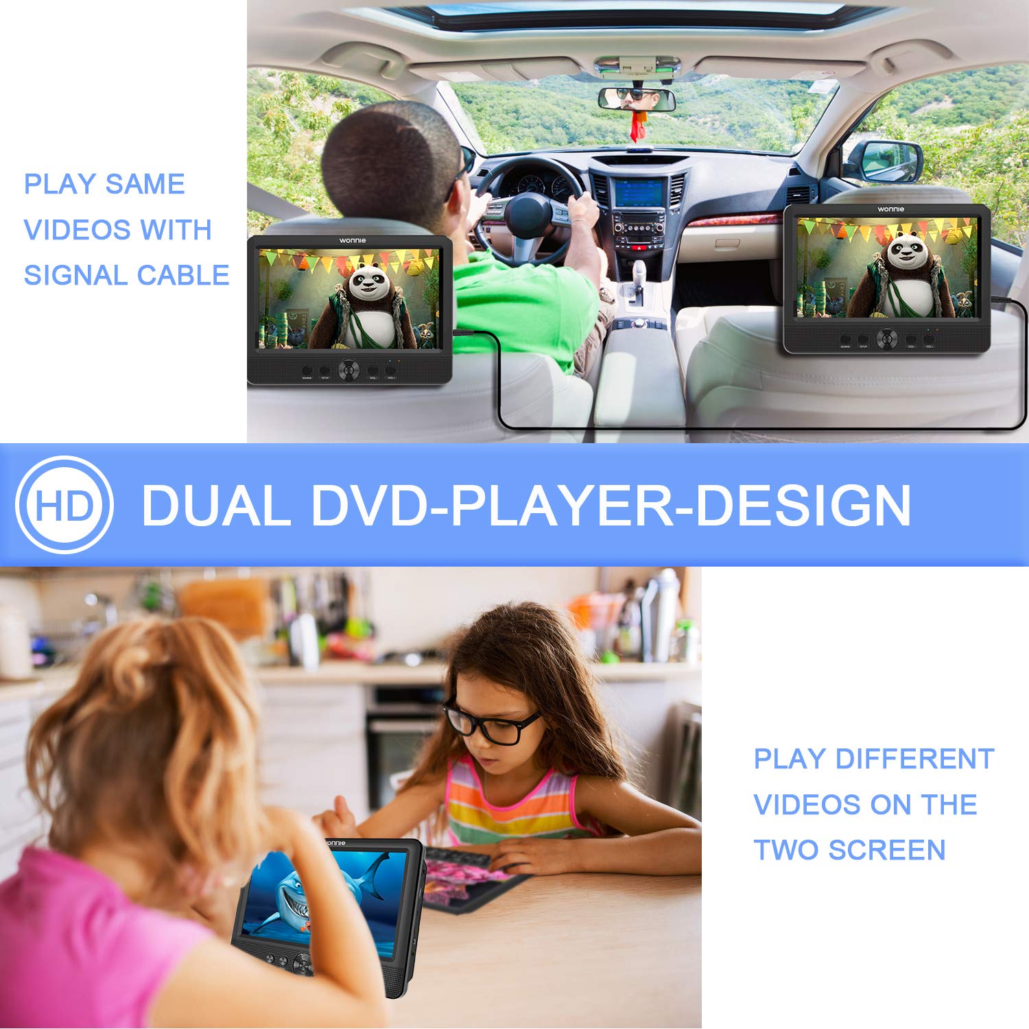 WONNIE 10.5 Inch DVD Player Portable Car Two Monitors Player with Powerful Stereo Speakers, 1024 * 600 HD Headrest Mount Dual Screen, USB/SD/AV IN & Out (2 DVD Players)
