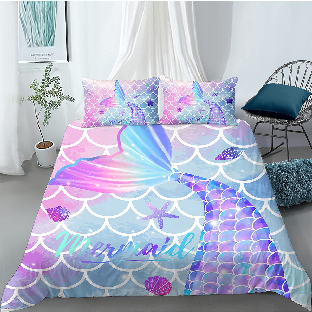MUSOLEI Mermaid Bedding Set Girls Double Colorful 3D Mermaid Tail Blue Duvet Cover Sets Pink Lovely Quilt Cover Soft with Pillwocase（Mermaid，Double）
