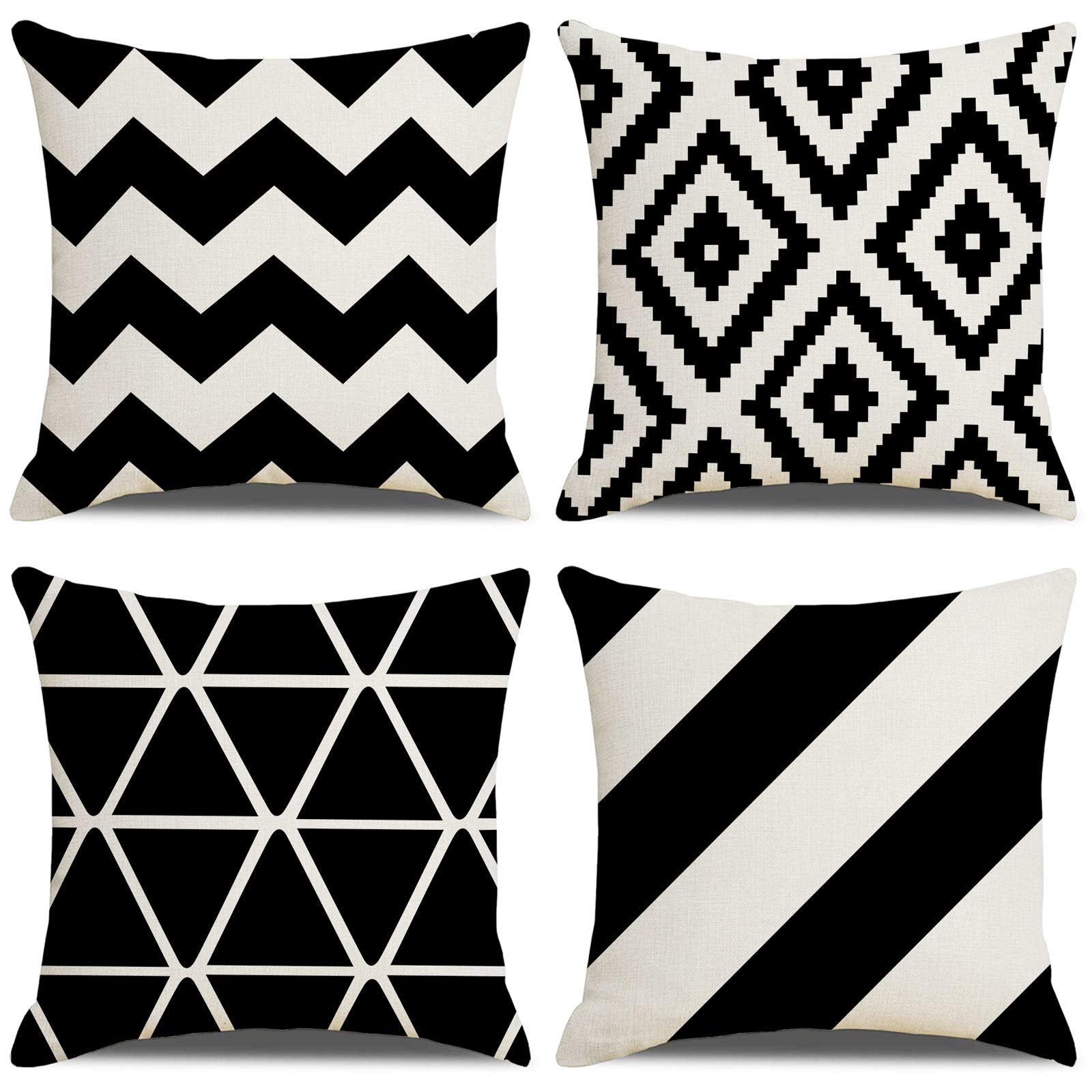Cushion Covers Pack of 4 ,LAXEUYO Outdoor Cushions Geometric Figures Throw Pillow Case Decorative for Living Room Sofa Bed with Invisible Zipper,45cm x 45cm/18x18 inch Black and White