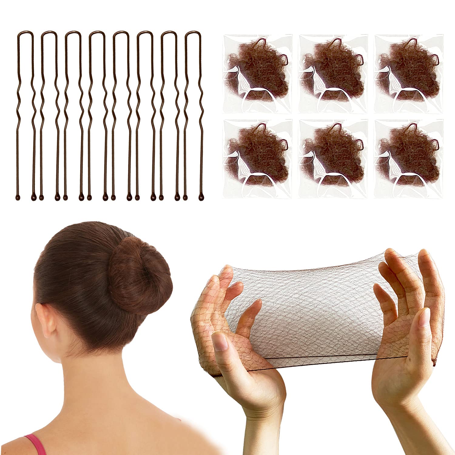 Invisible Hair Nets and U Shaped Hair Pins Set/Hair Bun Shaper Set with 50Pcs Elastic Edge Mesh Hair Nets and 10Pcs Positioning U Shaped Hair Pins for Women Hair Bun(Brown)