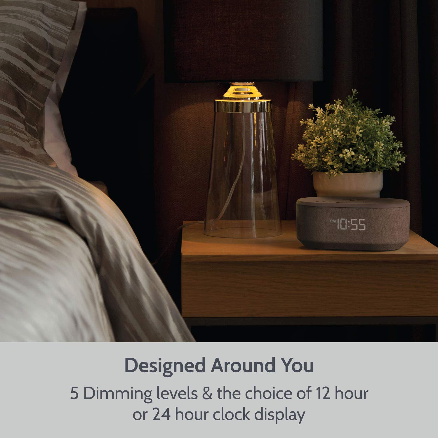 Bedside Wireless Charging Non Ticking Radio Alarm Clock with Dimmable LED Display - Mains Powered Dual Alarm Clock with USB Charger and Bluetooth Speaker