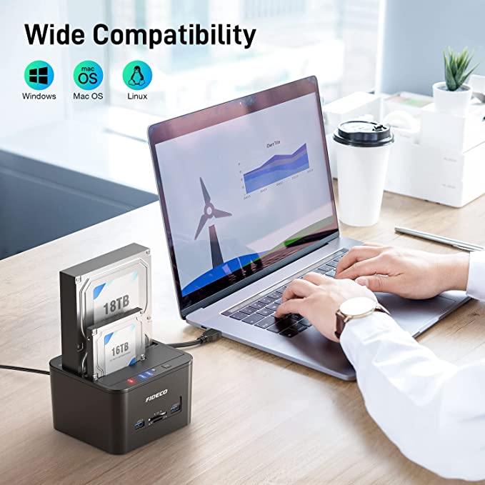 FIDECO Docking Station, USB 3.0 Hard Drive Docking Station for 2.5 and 3.5 inch SATA HDD or SSD, Support Offline Clone, TF & SD Card Reader, and 2x 18TB Hard Drives