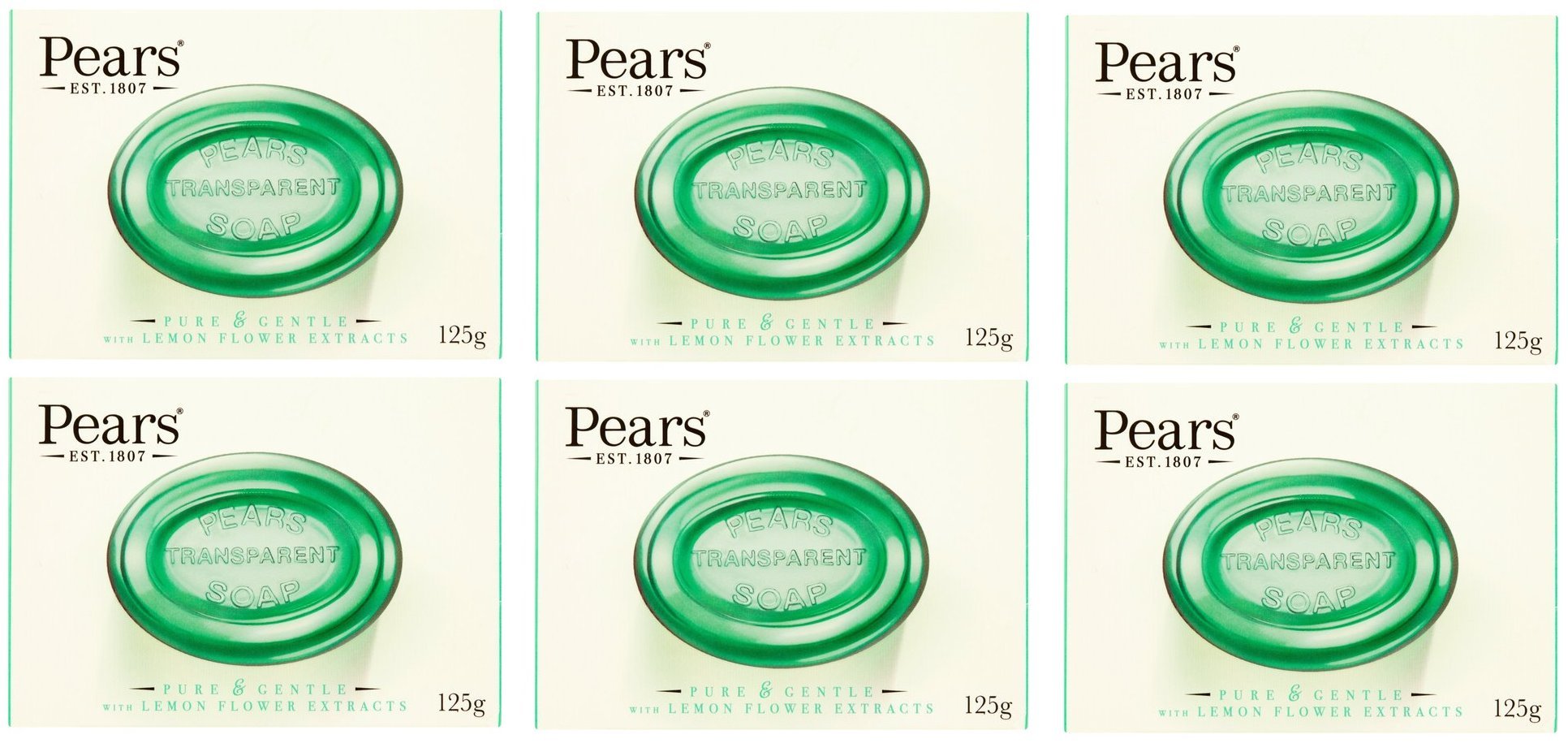 SIX PACKS of Pears Green Transparent Soap with Lemon Flower Extracts 125g