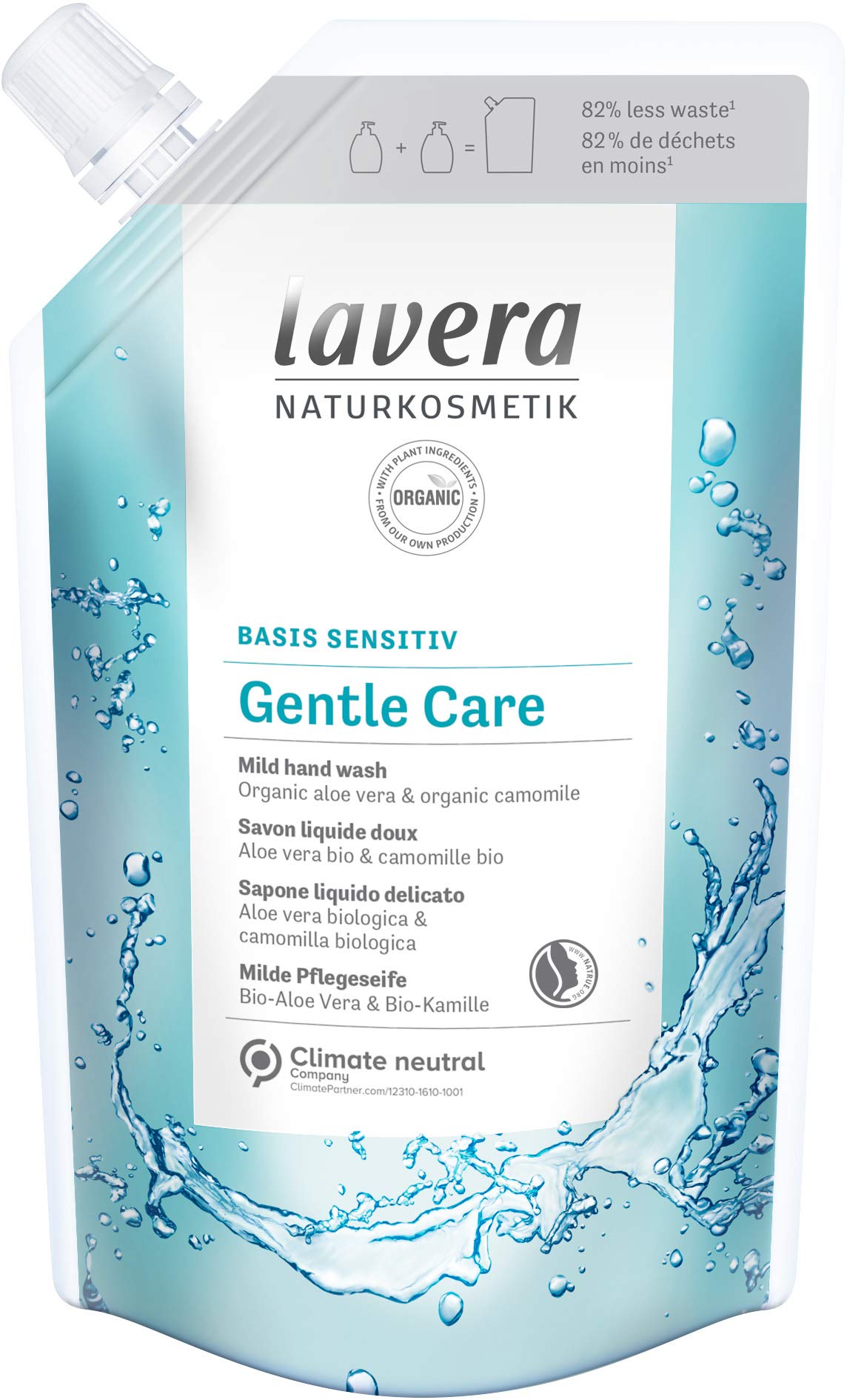 lavera Refill Pouch Basis Sensitiv Gentle Care Hand Wash • Organic Aloe Vera & Organic Chamomile • Mild Cleansing • Vegan • Skin-Neutral pH • 500