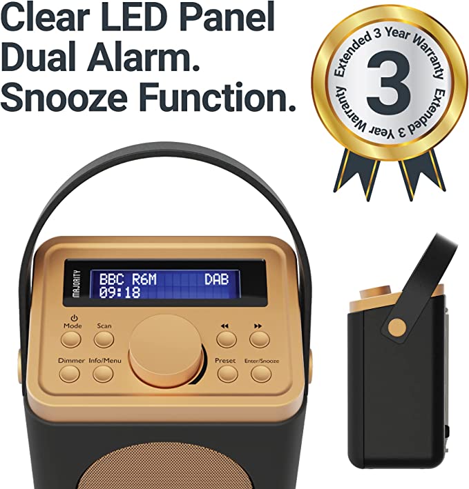 DAB, DAB+ Digital and FM Bluetooth radio | Battery and Mains Powered Portable DAB Radio | Majority Little Shelford | Bluetooth Connectivity, Dual Alarm, 15 Hours Playback and LED Display | Black