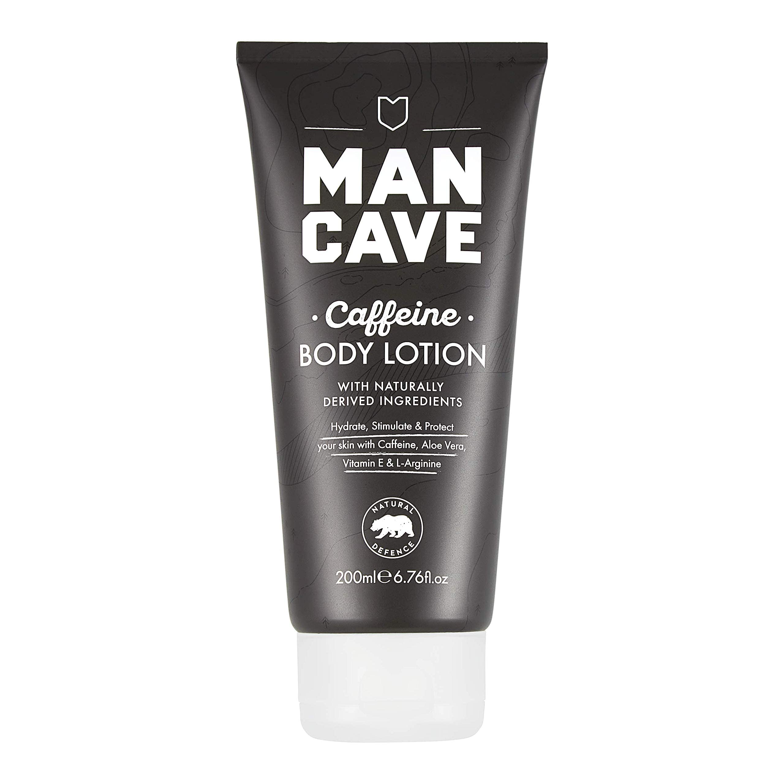 ManCave Caffeine Body Lotion 200ml for Men, Revives Dry, Scaly and Dull Skin with Caffeine, Natural Formulation, Vegan Friendly, Tube made from Recycled Plastics