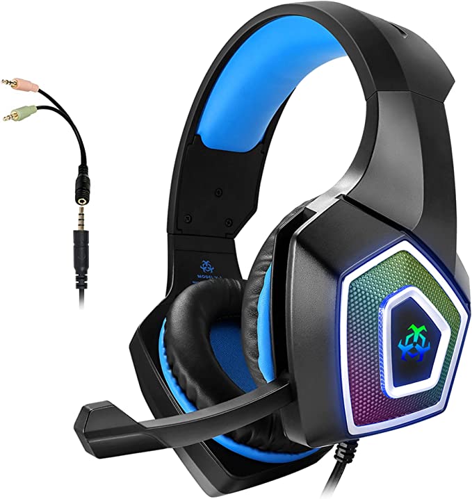 Gaming Headset with Mic for Xbox One PS4 PC Switch Tablet Computer Smartphone, Headphones PS5 Stereo Over Ear Bass 3.5mm Microphone Noise Canceling 7 LED Light Soft Memory Earmuffs (Free Adapter)