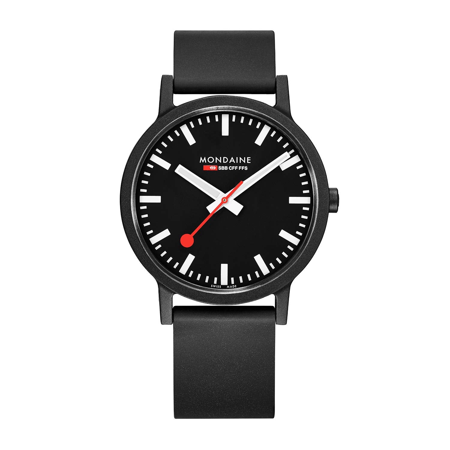 Mondaine Essence MS1.41120.RB Mens Watch 41mm - Official Swiss Railways Wrist Watch Black Renewable Material Strap 30m Waterproof Sustainable