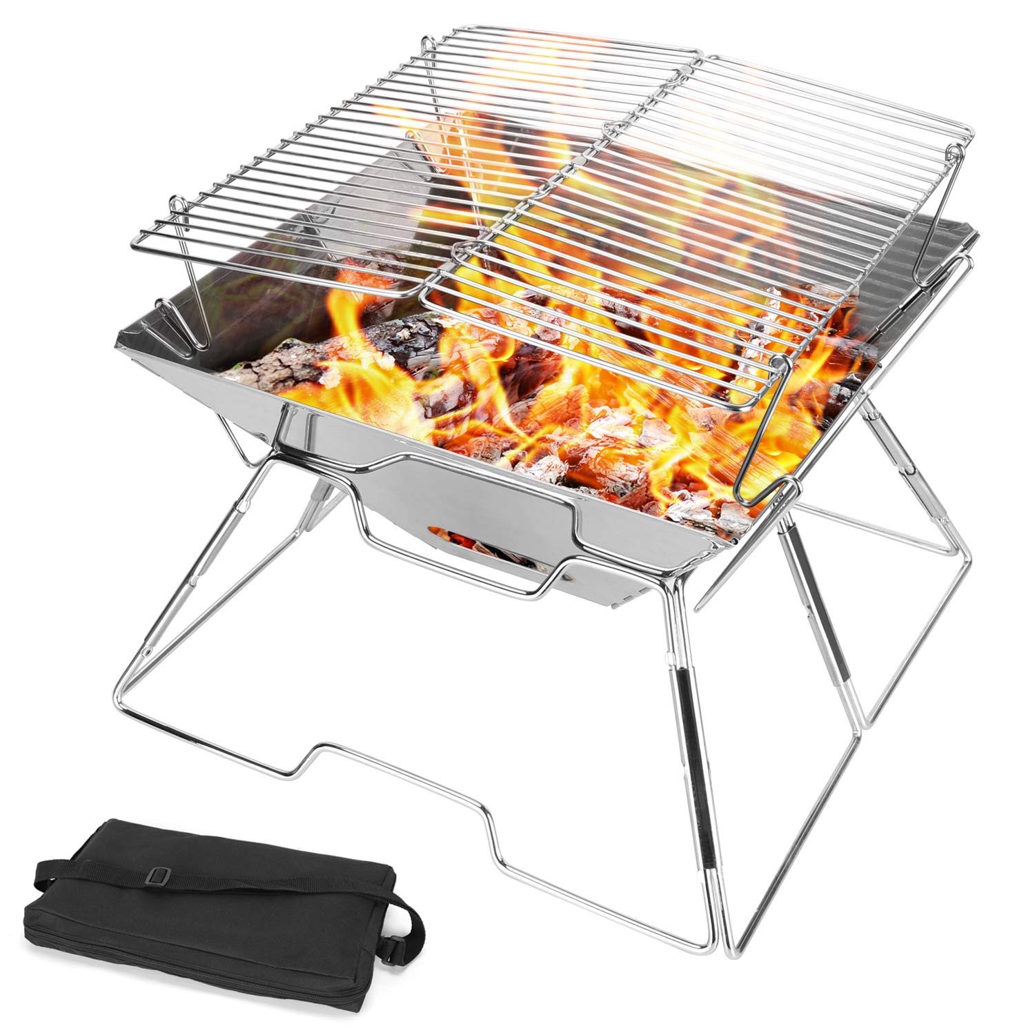 Odoland Collapsible Campfire Grill Camping Fire Pit, 304 Stainless Steel Grill Gate, Heavy Duty Portable Camping Grill with Carrying Bag
