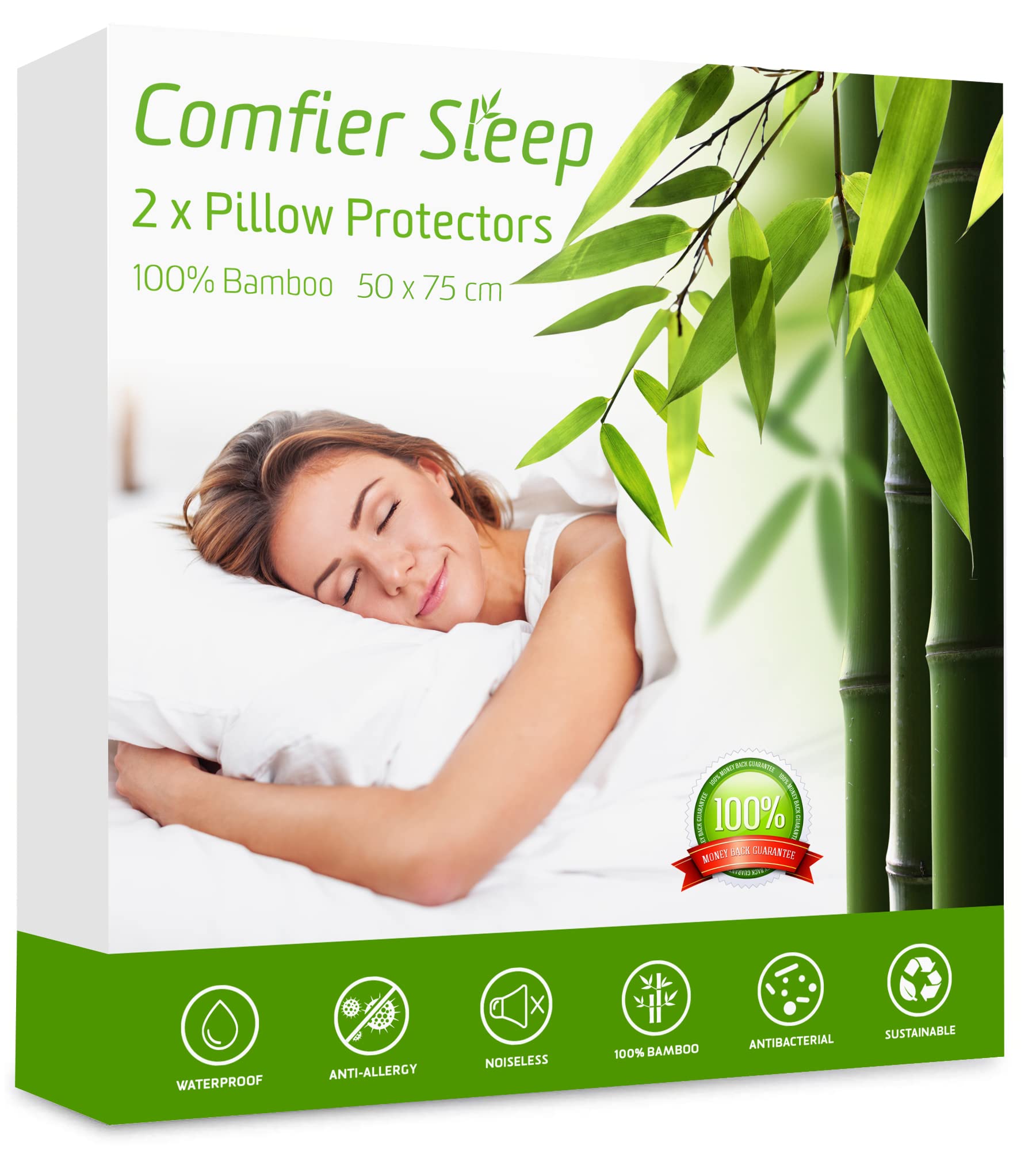 Comfier Sleep Waterproof Pillow Protectors 50x75cm Anti Allergy Super Soft Pillow Protectors 2 pack, 100% bamboo Pillow Cases 2 Pack Zipped suitable for Standard Pillows