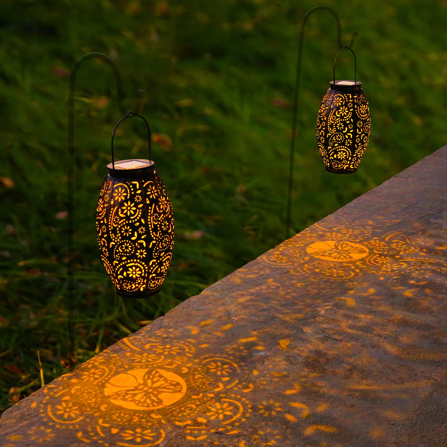 Garden Light Outdoor Solar Lantern - OxyLED 2 Pack Hanging Moroccan Ornaments Waterproof Retro Metal LED Solar Powered Butterfly Lamp for Deco Patio Fence Table Pathway Party Bronze,Hook NOT Included