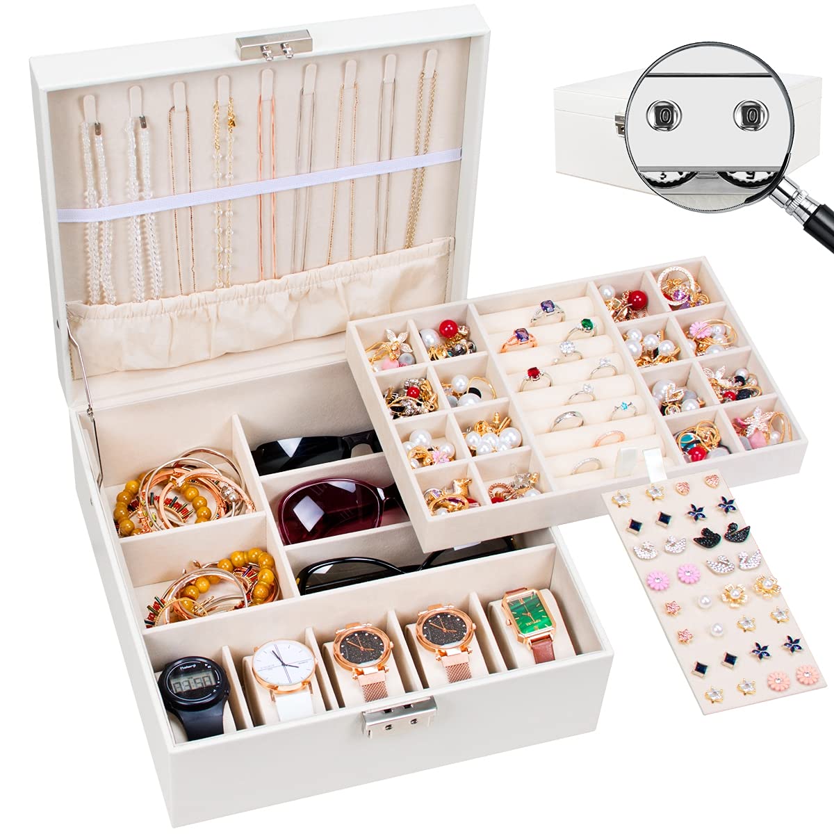 AJINGSHANG Jewellery Box Organiser for Women Girls with Code Lock, Jewelry Storage Two Layers 26 Compartments with Ring Holder, PU Leather Sunglasses Watch Bracelet Necklace Earrings Display Case