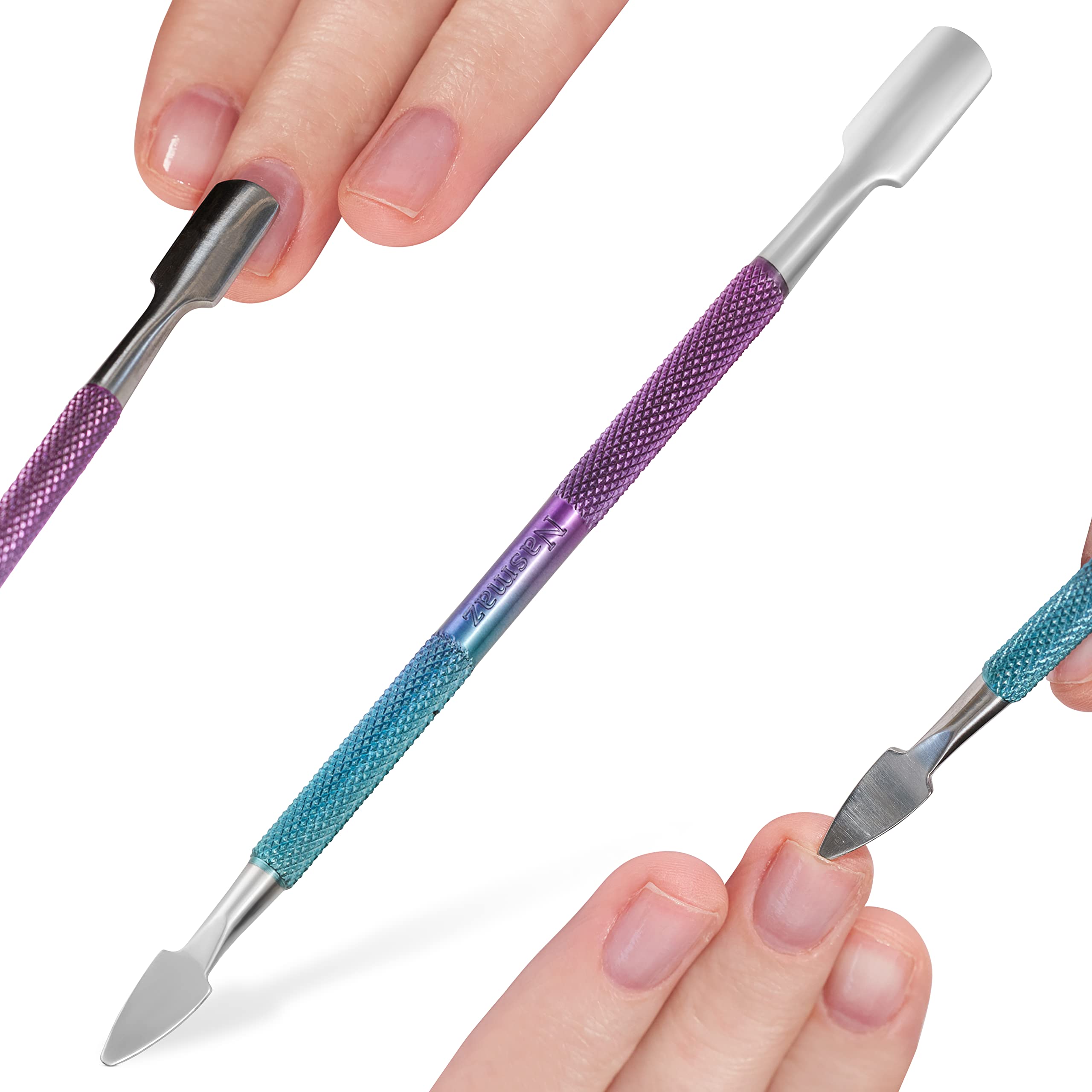 Cuticle Pusher Tool Dual Sided Premium Quality Metal Nail Scraper - Cleans nails without damage - Spoon pushes cuticles away from nails