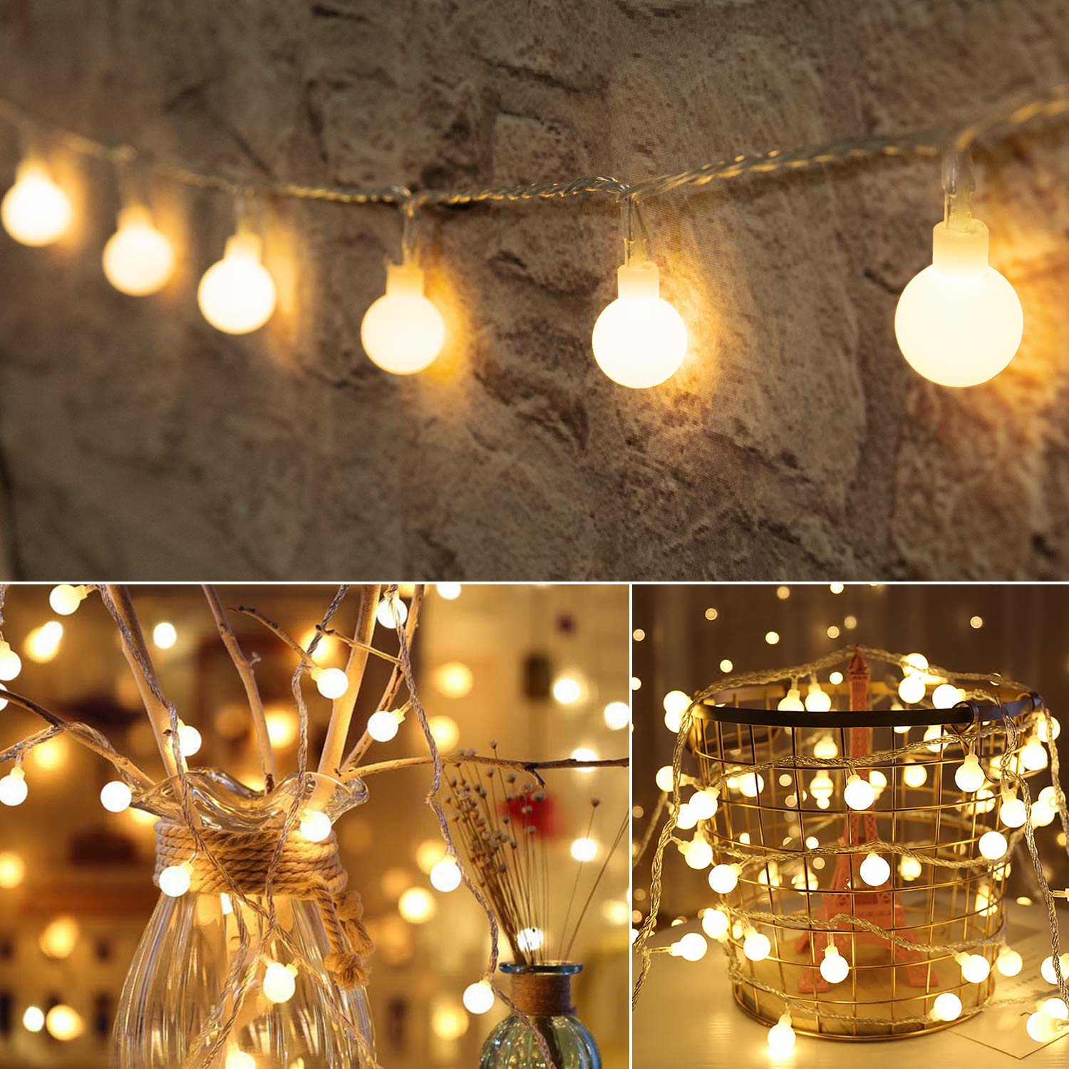 Globe String Lights, 10M 100LED Plug in Fairy Lights with 8 Modes and Remote, Waterproof Gazebo Lights for Indoor, Outdoor, Bedroom, Garden, Patio, Wedding and Holiday Decor, Warm White