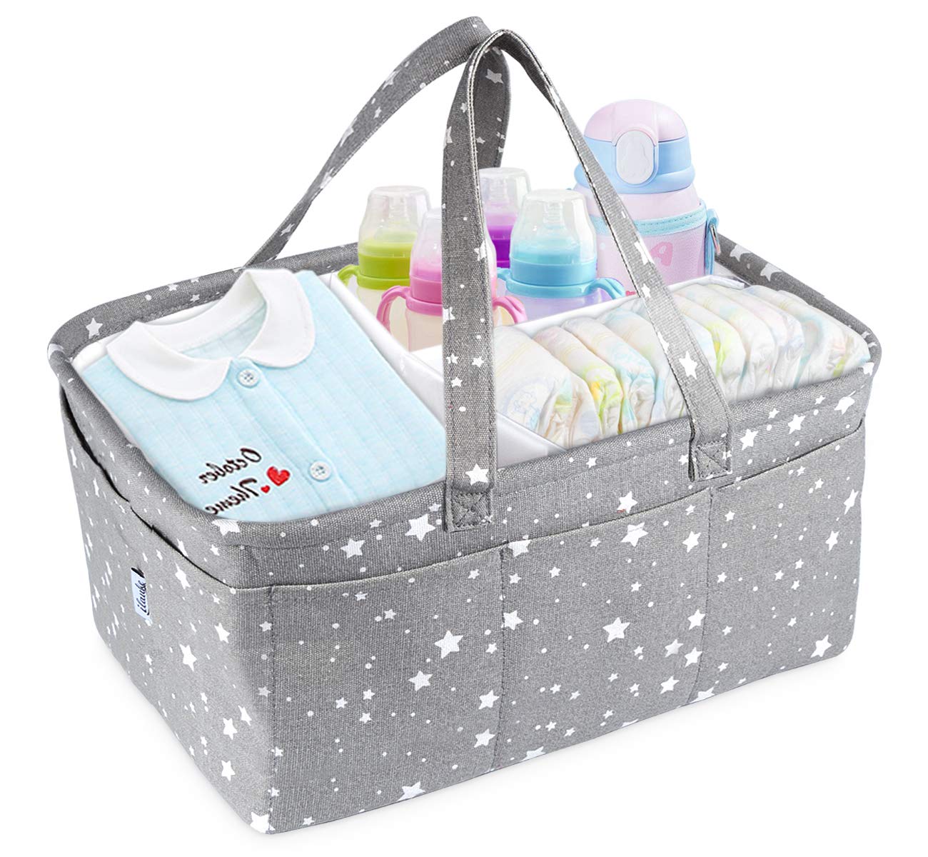 ilauke Baby Diaper Caddy Organizer, Nappy Caddy Nursery Storage Portable Car Organizer with Detachable Divider and 10 Invisible Pockets for Diapers & Wipes (Grey)