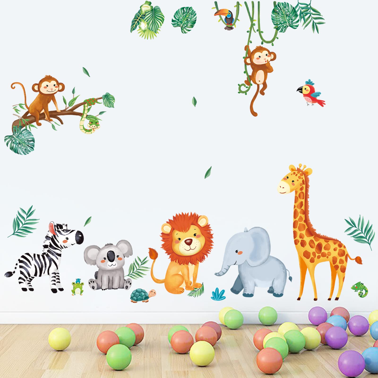 decalmile Jungle Animals Wall Decals Monkey Tree Giraffe Elephant Wall Stickers Baby Nursery Kids Room Living Room Wall Decor