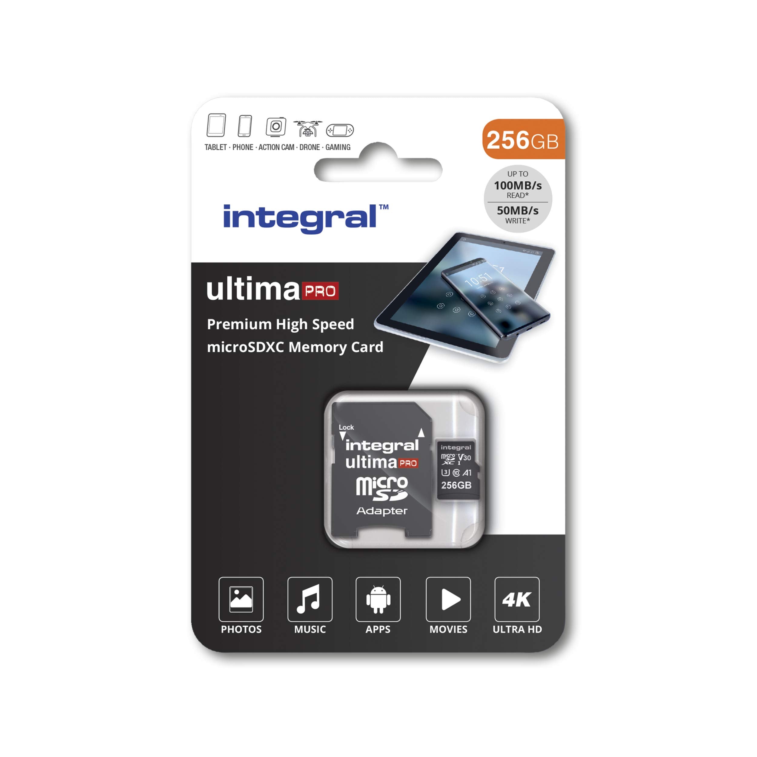Integral 256GB Micro SD Card 4K Video Premium High Speed Memory Card SDXC Up to 100MB s Read Speed and 50MB s Write speed V30 C10 U3 UHS-I A1