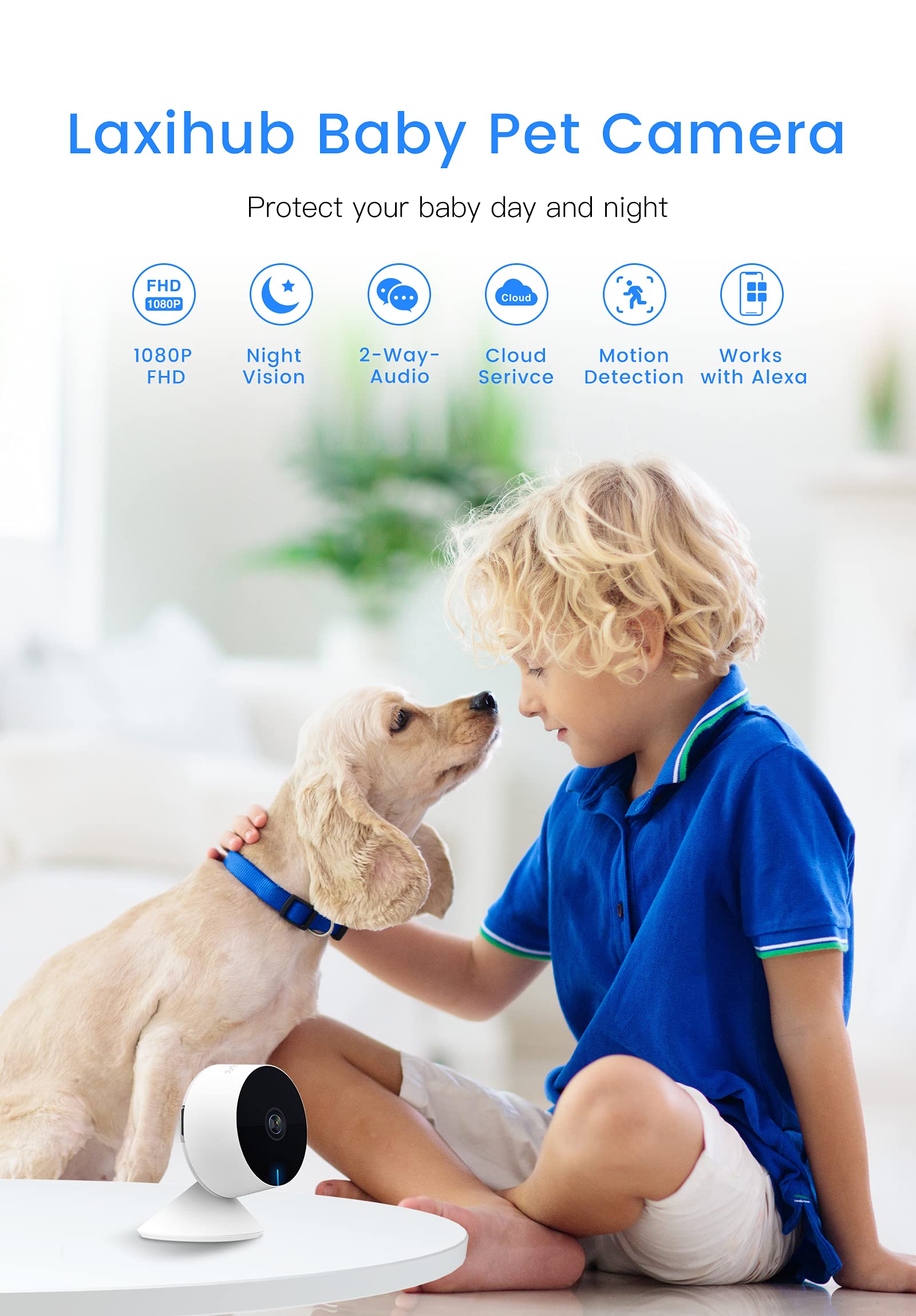 Pet Camera with Phone App Puppy Dog Baby Camera/Cam Monitor Laxihub Indoor Home CCTV WiFi Camera 1080P Night Vision 2-Way Audio