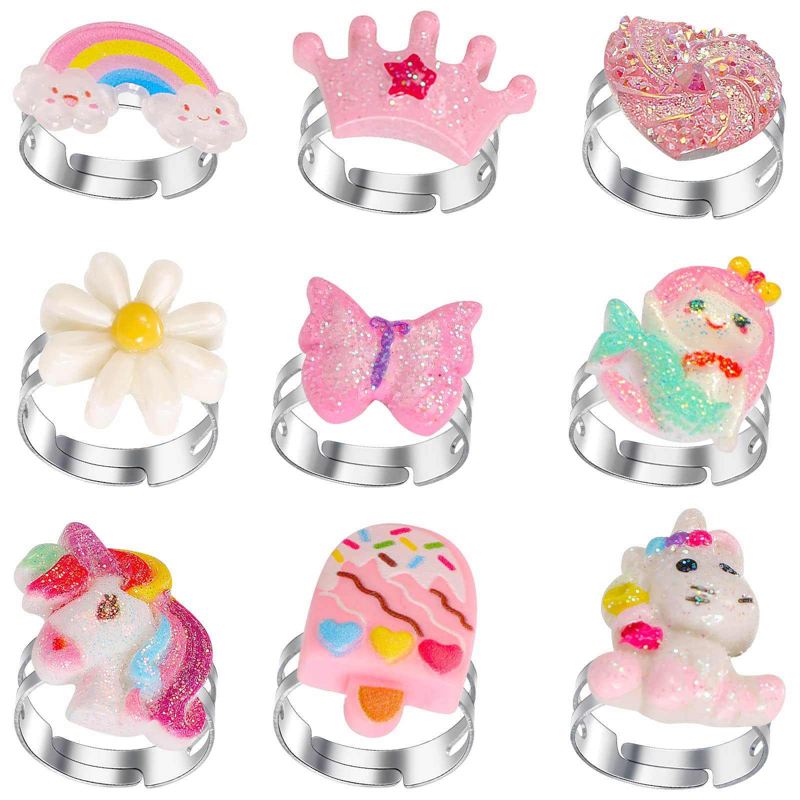 9 Pcs Adjustable Rings Set for Girls Cute Unicorn Rings Colorful Butterfly Mermaid Jewelry Rings Crown Daisy Heart Rings Girls Play Party Favor Rings Dress up Rings for Kids