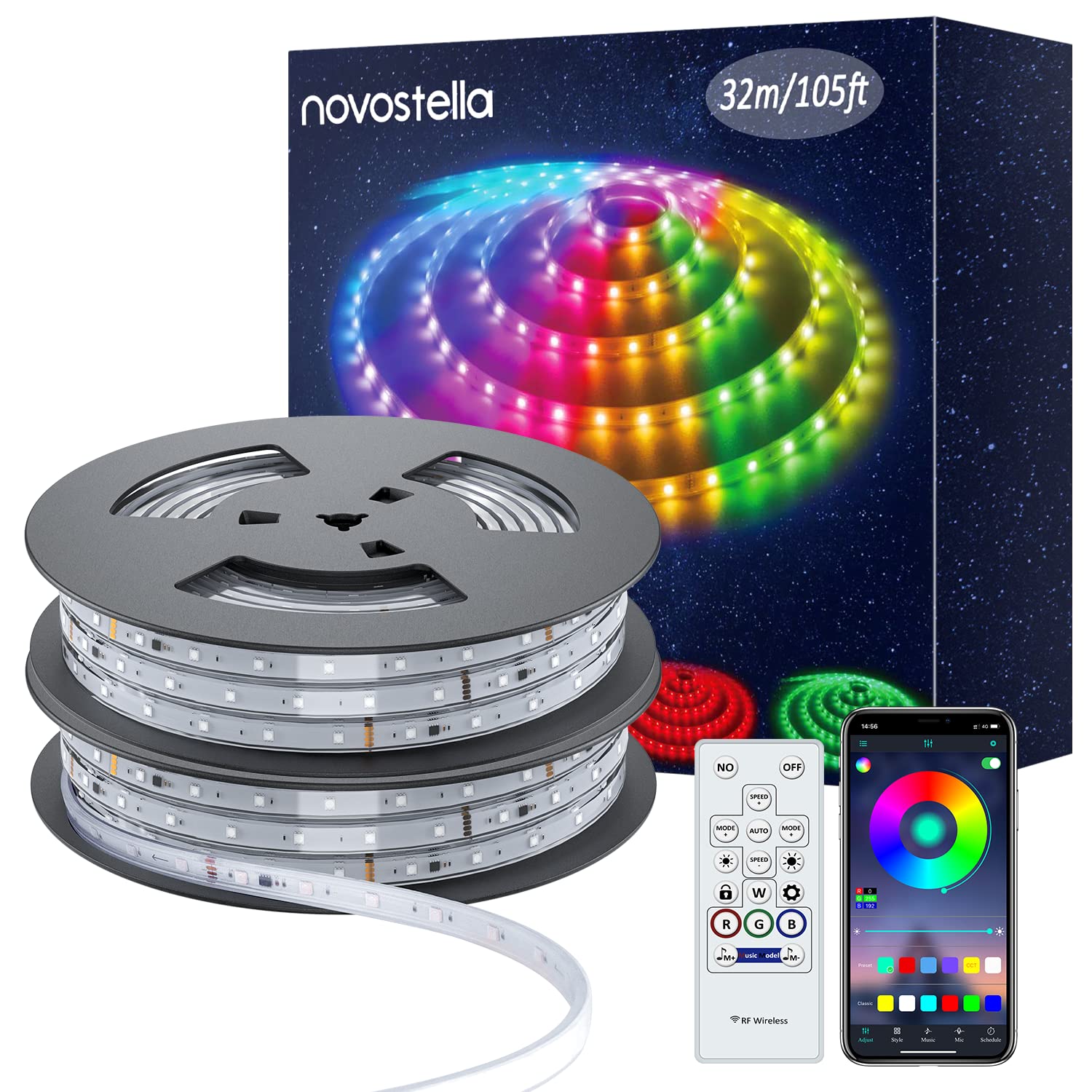 Novostella 32M Outdoors LED Strip Lights, IP65 Waterproof 24V 105ft (52.5x2) RGBIC Rainbow Effects Rope Lights, Smart App or RF Remote Control, Music Sync Colour Changing for Outside Stage Party