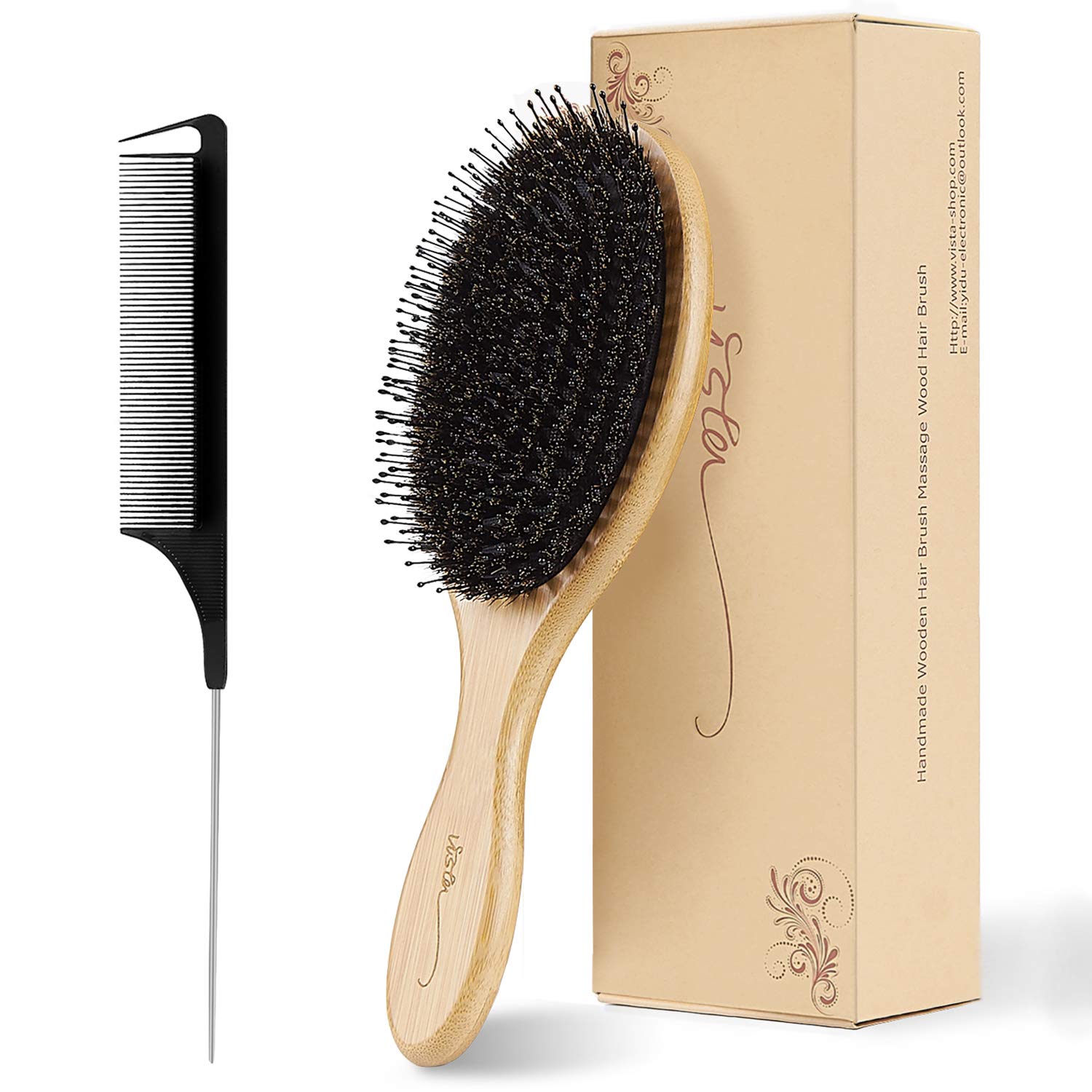 Boar Bristle Hair Brush Natural Bamboo Paddle Hairbrush with Tail Comb for Long Thick Curly Wavy Dry or Damaged Hair Round Hair Brush Adds Shine and Makes Hair Smooth Comb Set for Men, Women, Kids