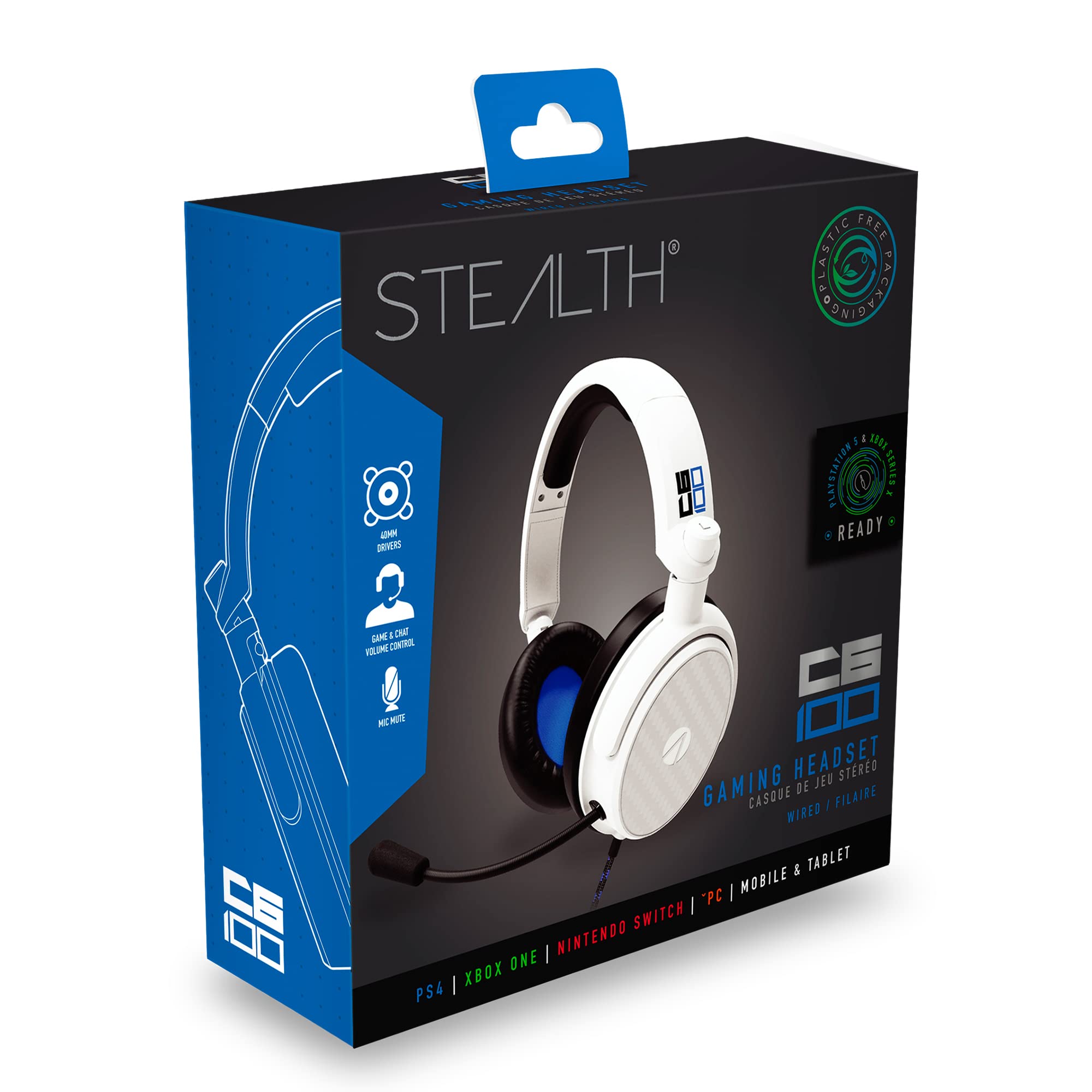 Stealth C6-100 Blue Over Ear Gaming Headset PS4/PS5, XBOX, Nintendo Switch, PC with Flexible Mic, 3.5mm Jack, 1.5m Cable, Lightweight, Comfortable and Durable