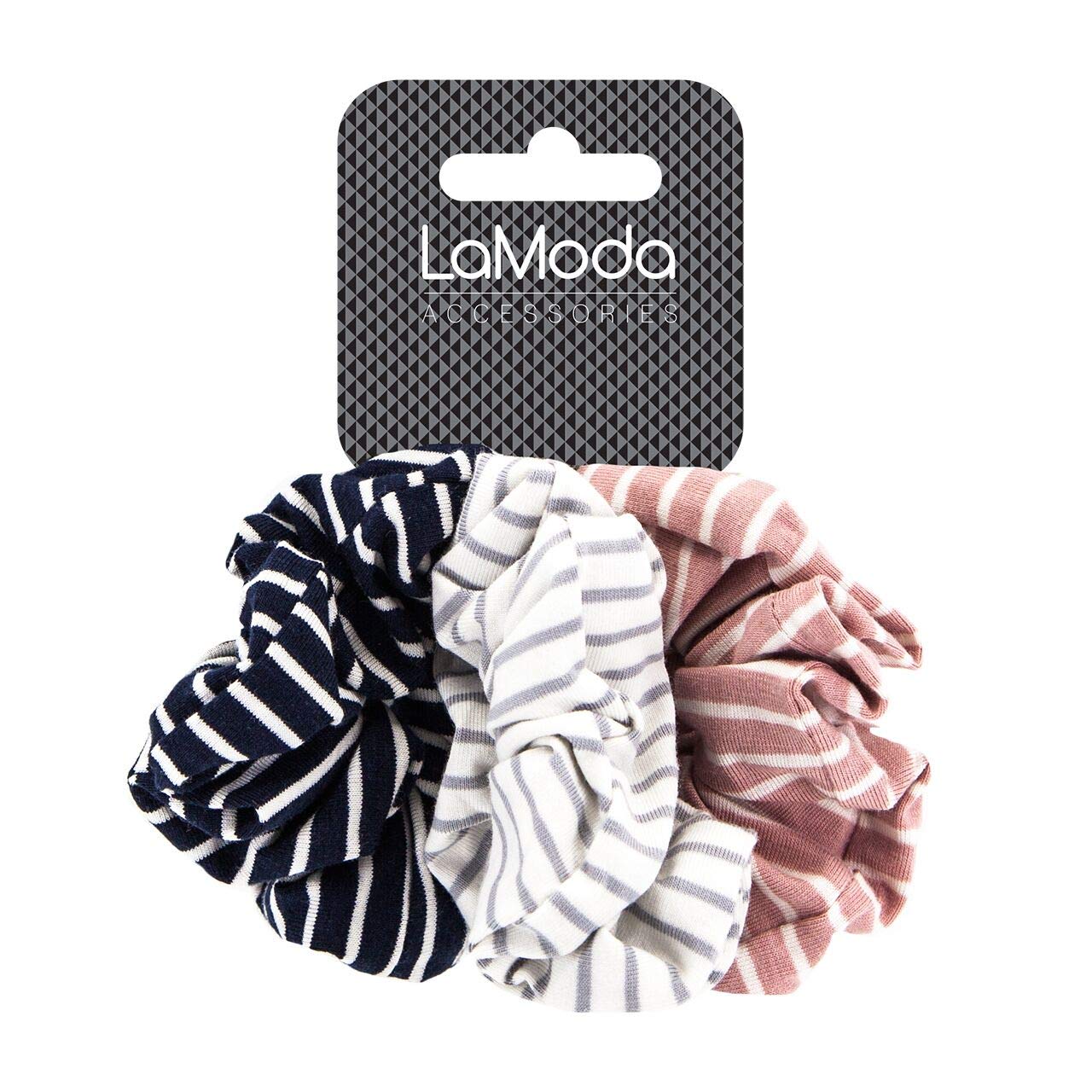 LaModa Hair Scrunchie for Youth, Pastel Pink/White, Dark Blue/White, And White/Dove-Grey, Supersoft, 3 Piece