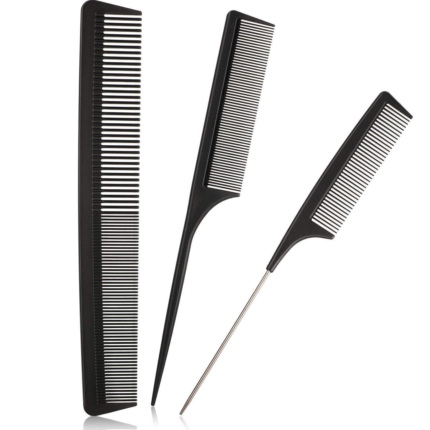 3 Pieces Tail Combs Set Carbon Styling Comb Fiber Rat Tail Comb Anti Static Heat Resistant Barber Hairdressing Comb Steel Pintail Comb Cutting Fine Tooth Comb Teasing Hair Comb for Women Men, Black