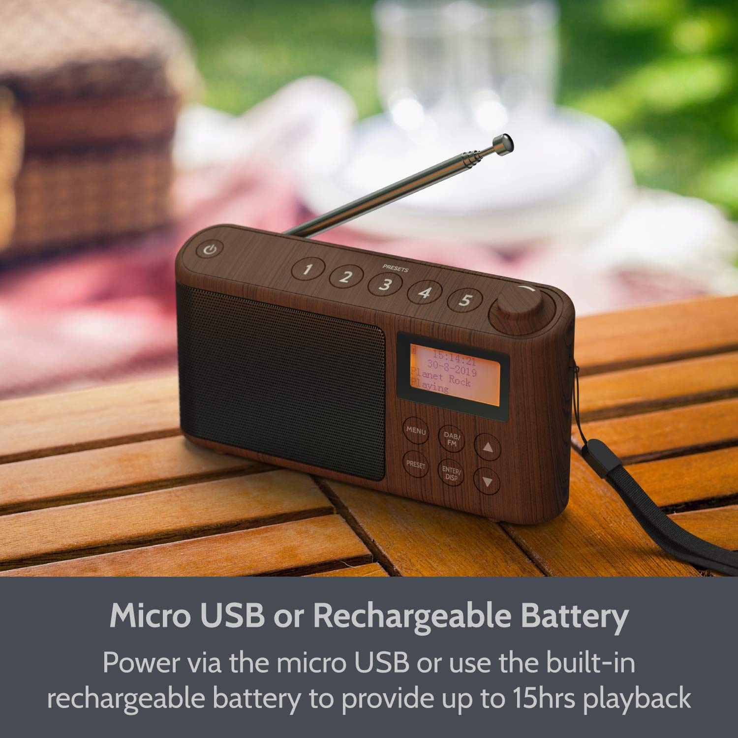 DAB/DAB+ & FM Radio, Mains and Battery Powered Portable DAB Radios Rechargeable Digital Radio with USB Charging for 15 Hours Playback (Wood Effect)