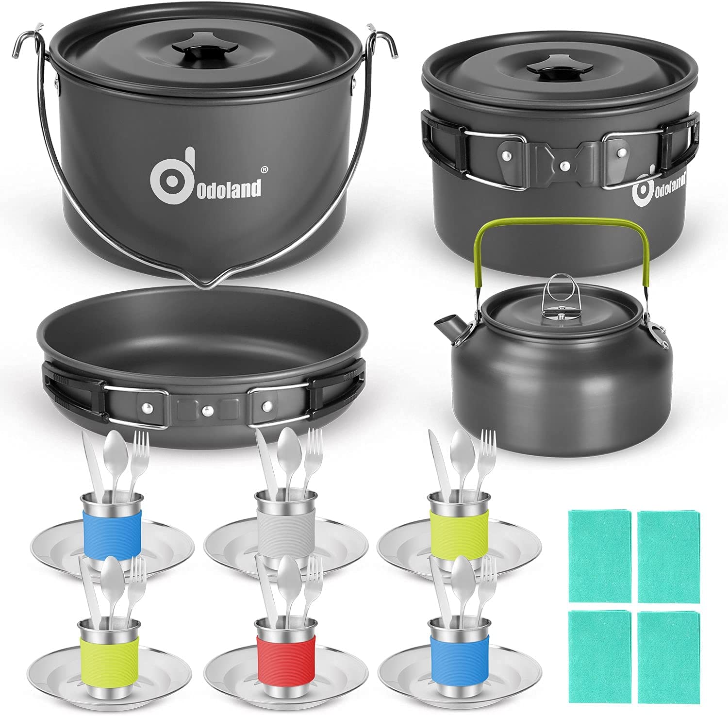 Odoland 39pcs Camping Cookware Mess Kit for 6 People, Large Size Hanging Pot Pan Kettle with Base Dinner Cutlery Sets, Cups Dishes Forks Spoons Kit for Outdoor Camping Hiking and Picnic