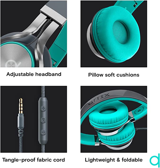 Artix CL750 Wired Headphones with Mic - On Ear Noise Isolating Corded Head Phones with Microphone and Volume Control - Foldable Headphone with Wire for Computer, Laptop & Phone 3.5mm jack (Turquoise)