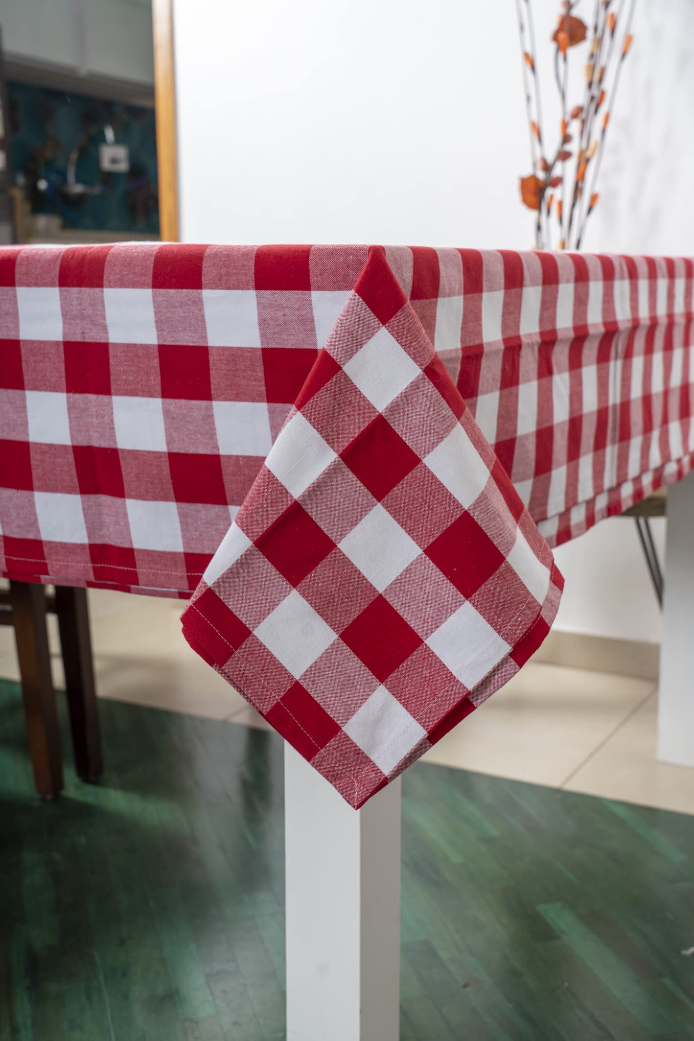 Amazon Brand – Umi 100% Cotton Table Cloth - 150 x 225 cm Checkered Rectangle Table Cover for Kitchen Dining - Washable Tablecloth for Home, Restaurant, Parties (Red & White, Pack of 1)