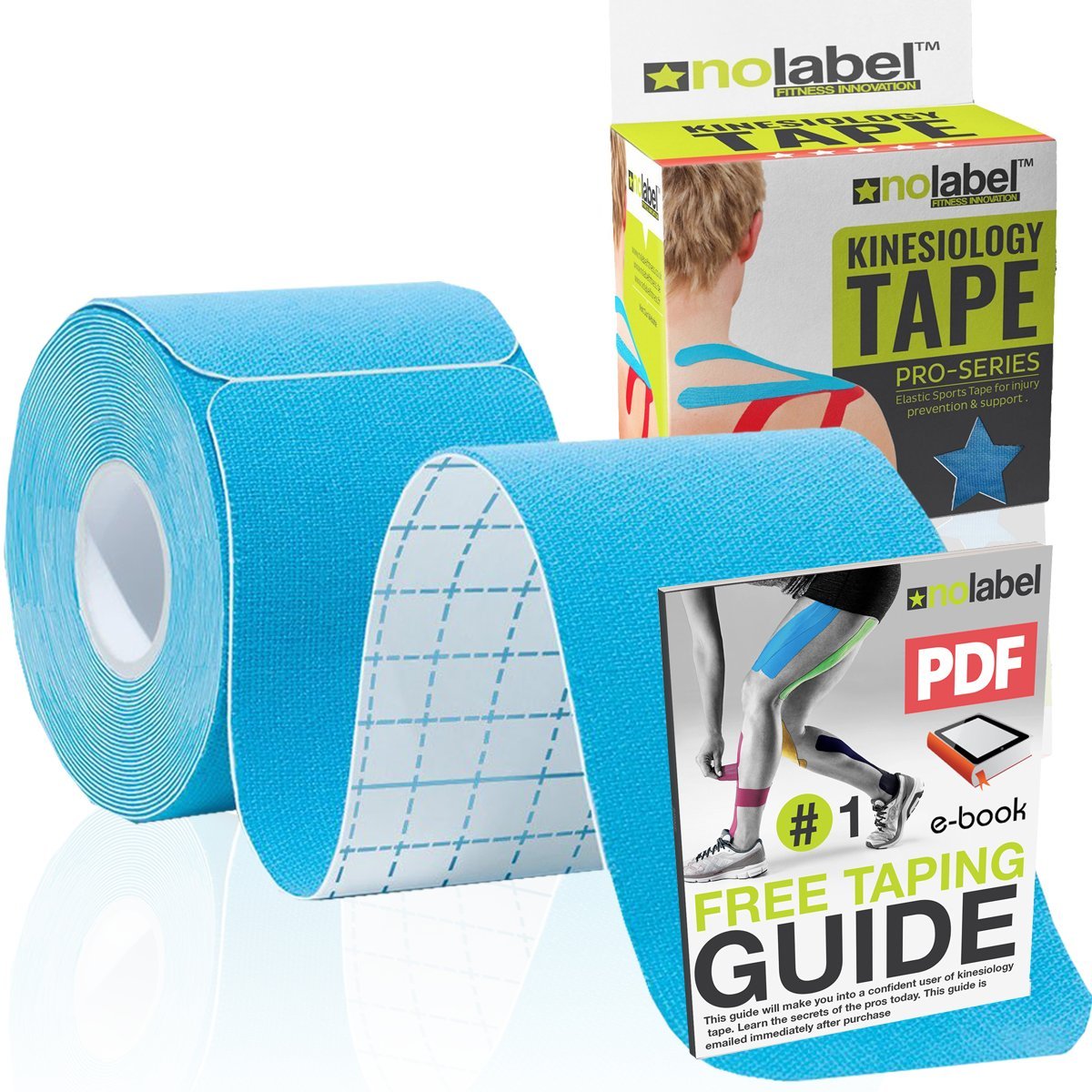 NO LABEL Blue Pre Cut Kinesiology Tape - 5m Roll Pre-Cut Blue Body Tape - Blue Sports Tape - Blue Medical Tape - Blue Physio Tape - Blue Muscle Tape For Muscle Recovery - Free PDF Ebook Taping Guide