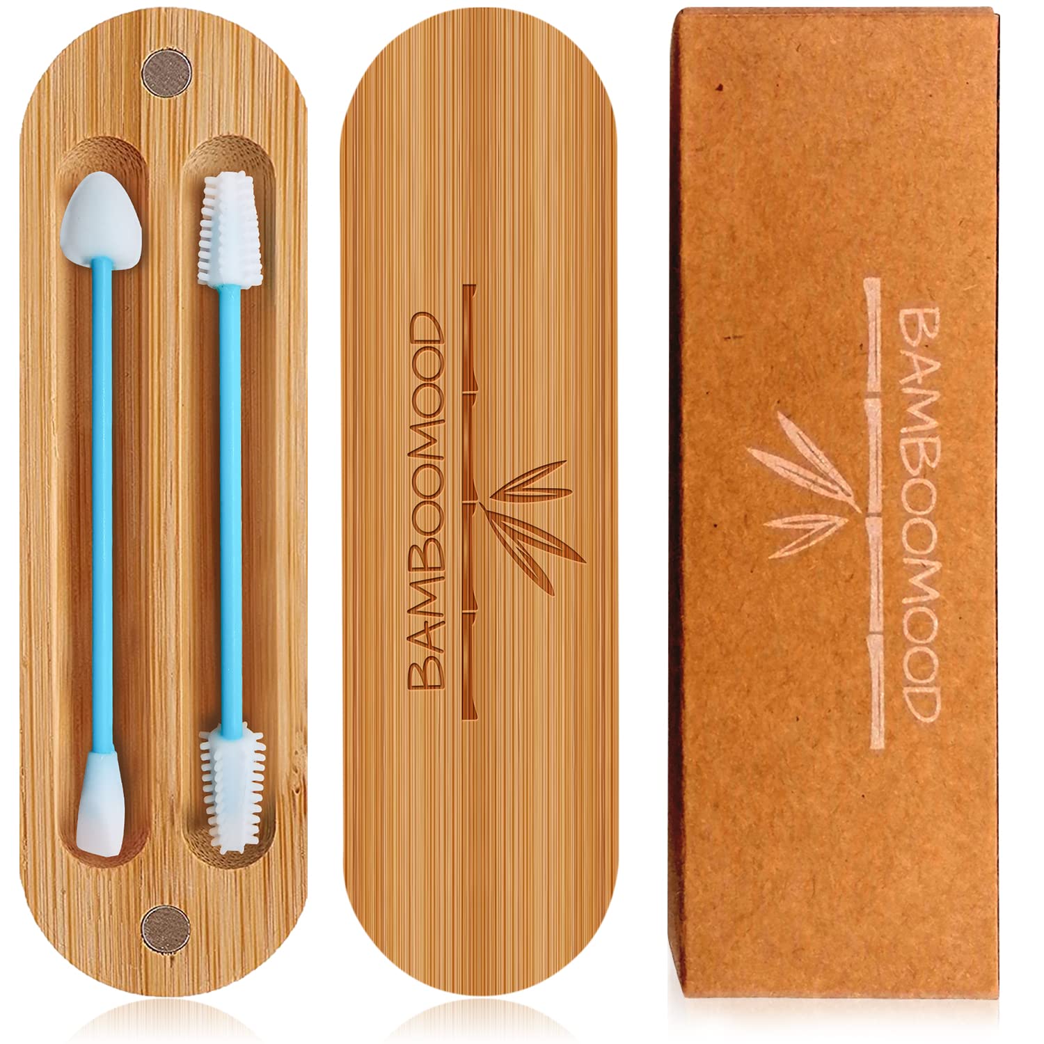 Reusable Cotton Buds for Ears with Portable Travel Magnetic Bamboo Storage Case Washable Tips Make up Remover Cotton Swabs Blue from Bamboomood (Blue)