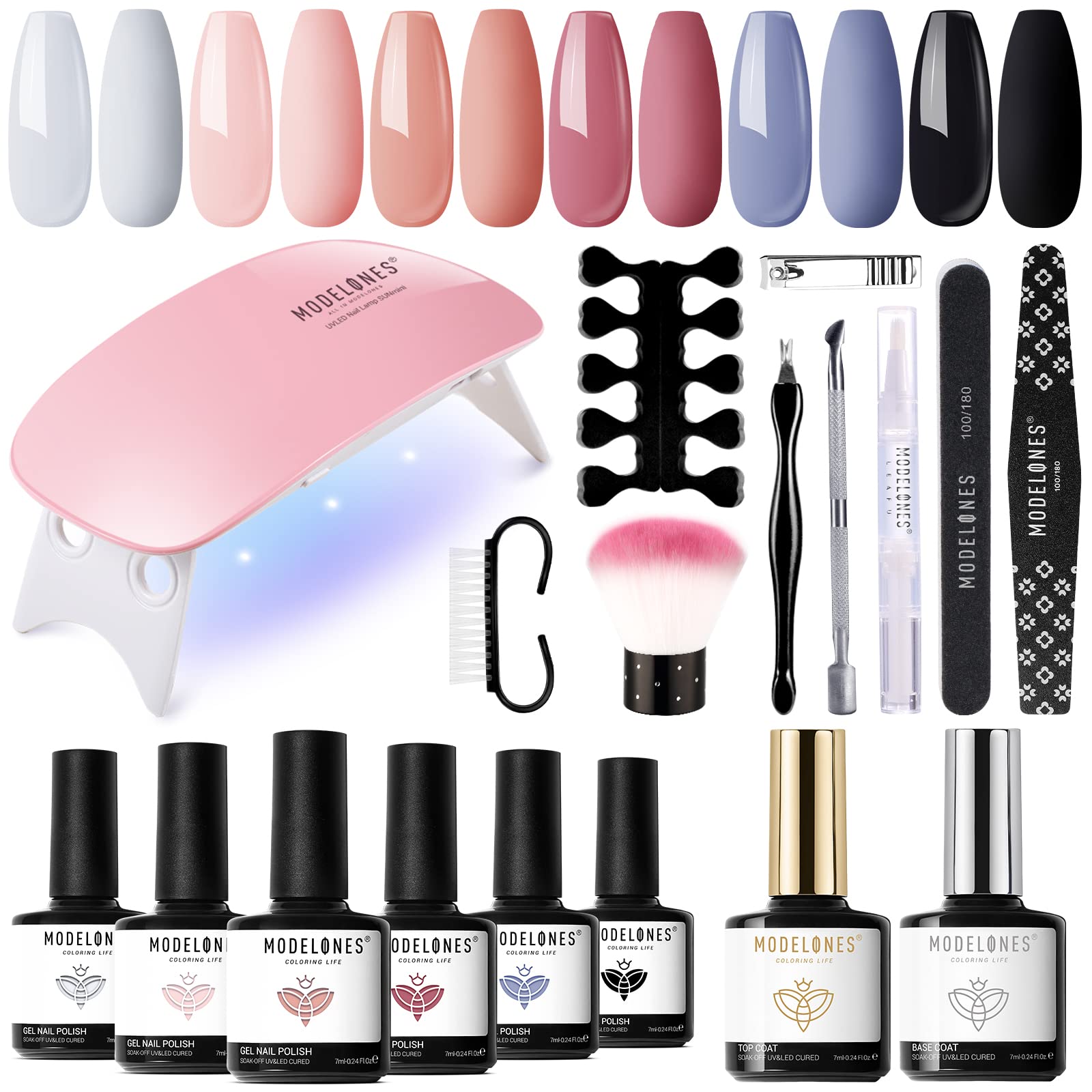 Modelones Gel Nail Kit Starter with Portable U V/LED Nail Lamp, 6 Colors White Pink Soak Off Gel Nail Polish Set, Mirror Top& Base Coat, Essential Manicure Tools, Nail Art Starter Kit for Beginner DIY