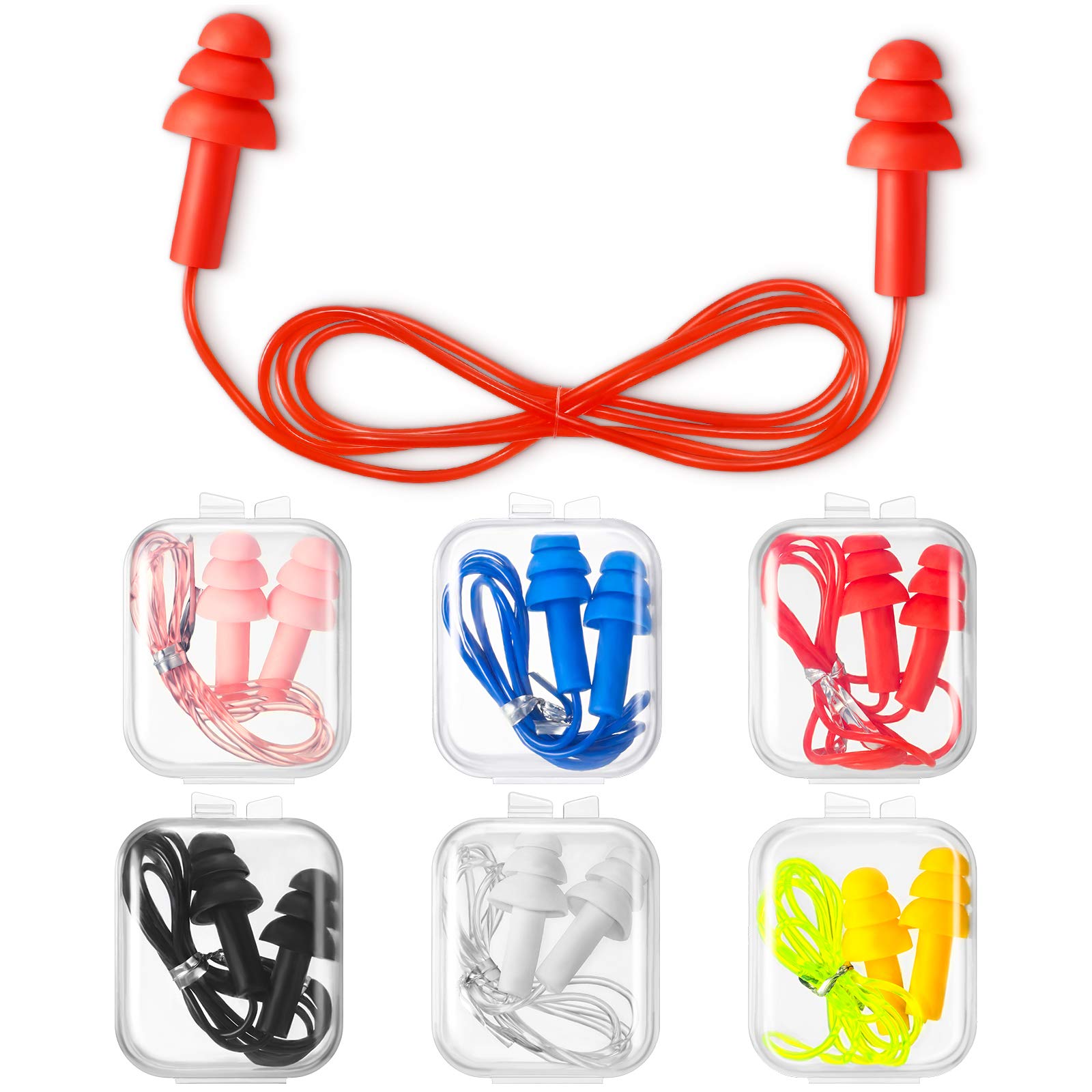 6 Pairs Corded Earplugs Silicone Earplugs for Sleeping Waterproof Ear Plugs with String Reusable Earplugs for Noise Cancelling Snoring Swimming Shooting Study