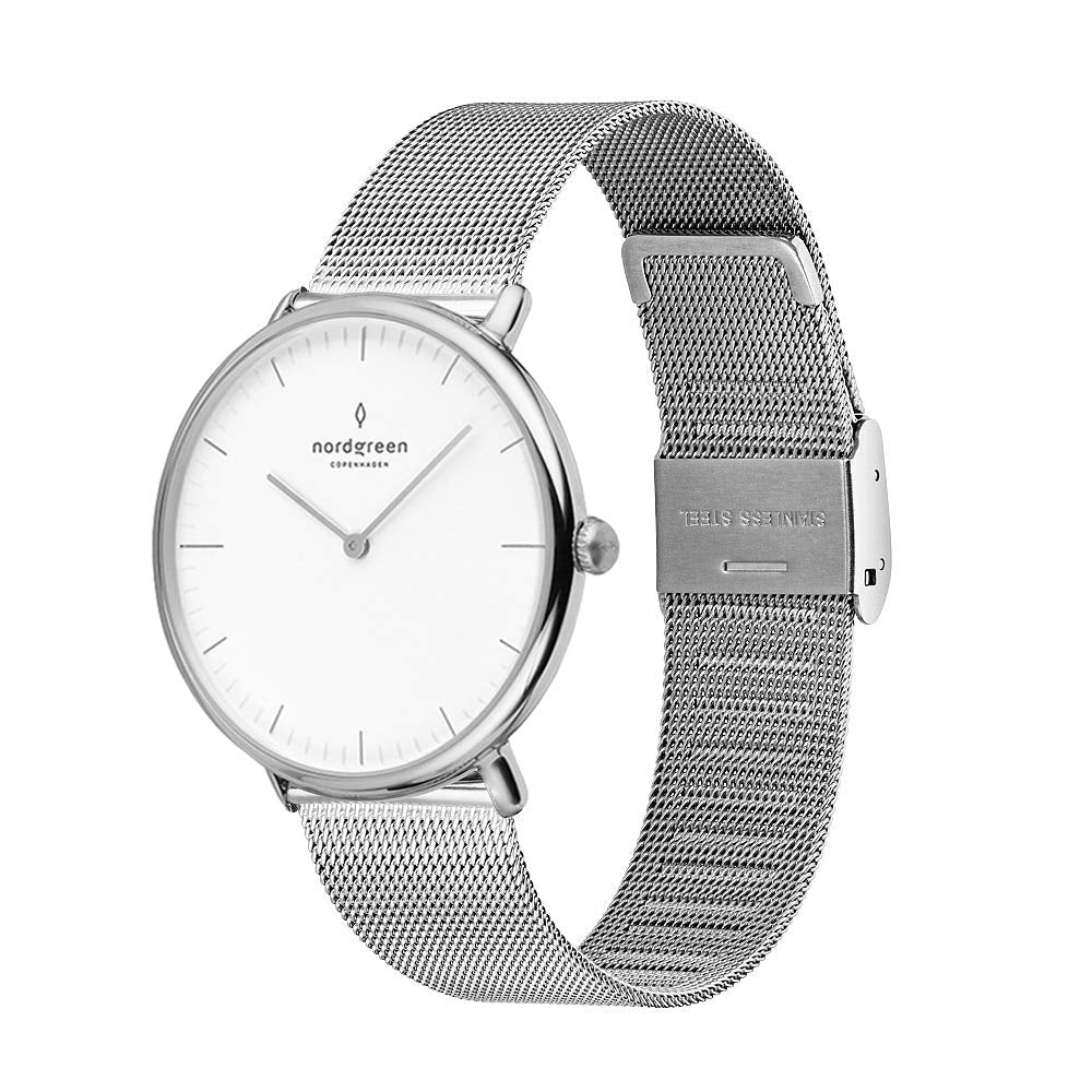 Nordgreen Native Scandinavian Silver Analog Watch with Leather or Mesh Interchangeable Straps