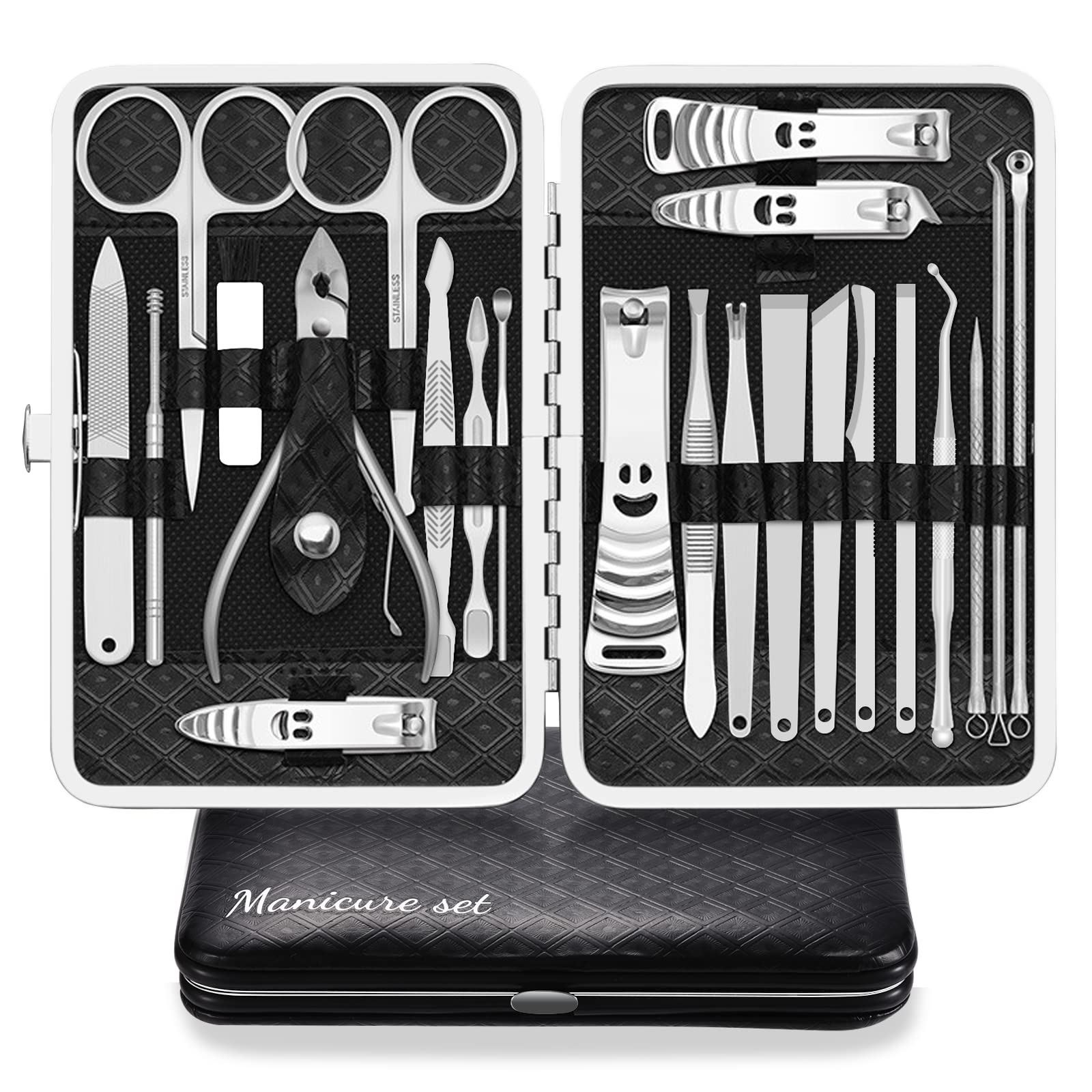 Manicure Set Professional Nail Clippers Kit Pedicure Care Tools 23pcs Stainless Steel Grooming Tools With Black PU Leather Case for Travel or Home (Black/Silver)