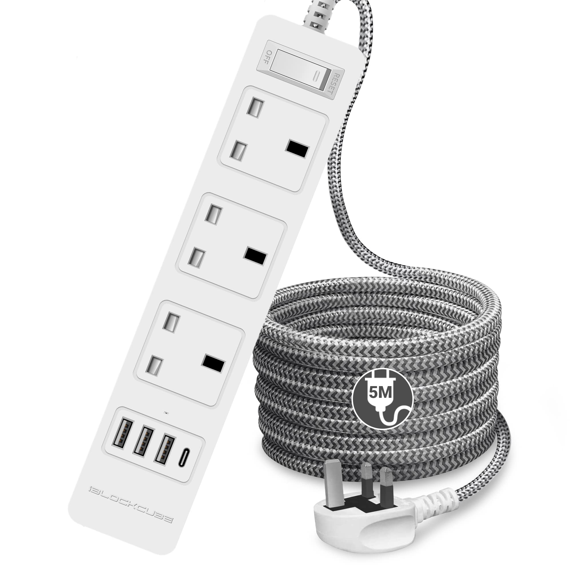 iBlockCube 3 Way Extension Lead with 3 USB-A Slots and 1 USB-C Slots Braided Power Strip Cord, 13A UK Plug Extension, Charging Station, Surge Protected 5M/16.4FT Cable Fuse Protector & Shutter - White