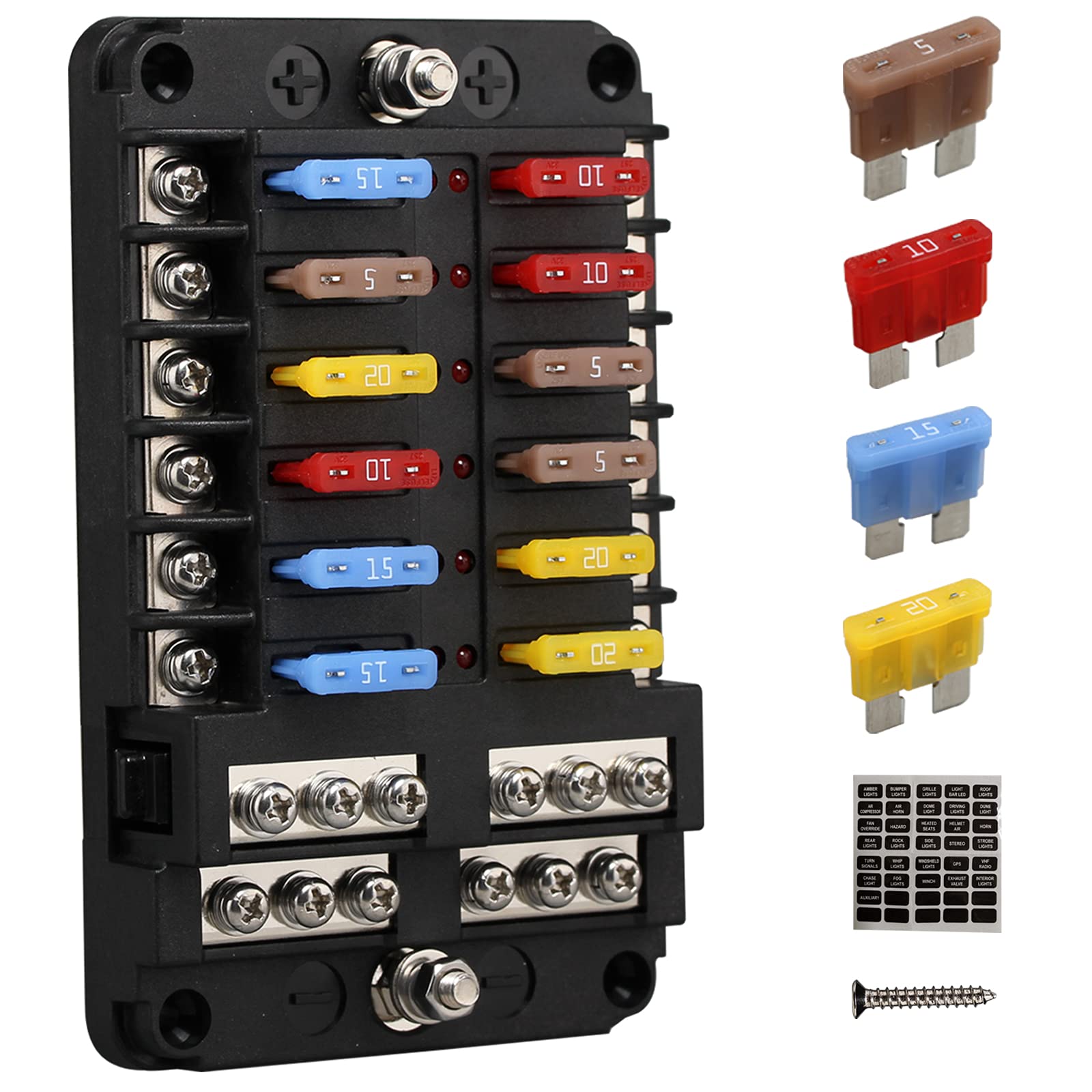 Blade ATC/ATO fuse blocks, ENDARK car fuse holder, 12 way fuse box with Negative Bus LED indicator for Car, Boat, Van, SUV
