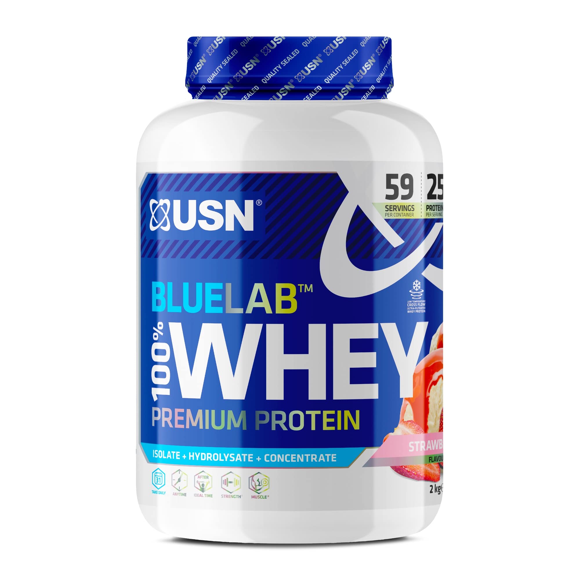 Premium Whey Protein Powder: USN Blue Lab Whey Strawberry 2 kg, Scientifically formulated Whey Protein Post-Workout Muscle Building Supplement Powder Shake With BCAAs