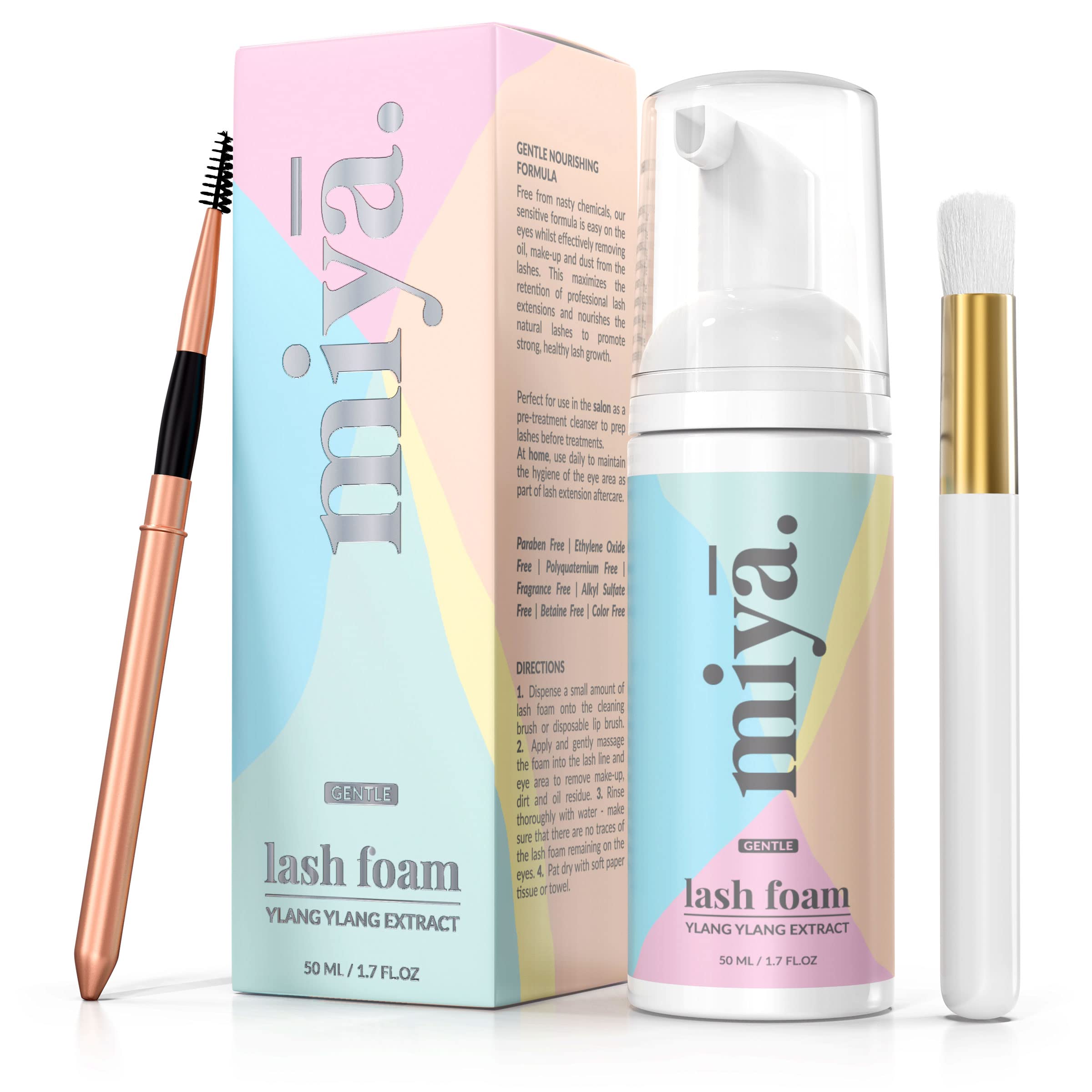 Miya Lash Shampoo w/Rose Gold Mascara Wand & Brush | Paraben, Sulfate Free Eye lash Cleanser for Extensions | Makeup Remover Eyelid Wash | Foaming Eyelash Extension Cleanser 50ml | Home & Salon Use